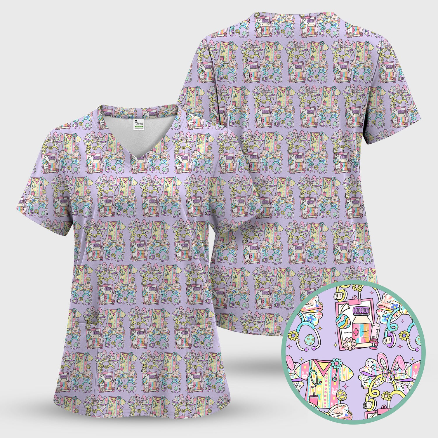 Colorful Nurse Scrub Supplies Pattern Scrub Top, Breathable Fabrics Nursing Uniform