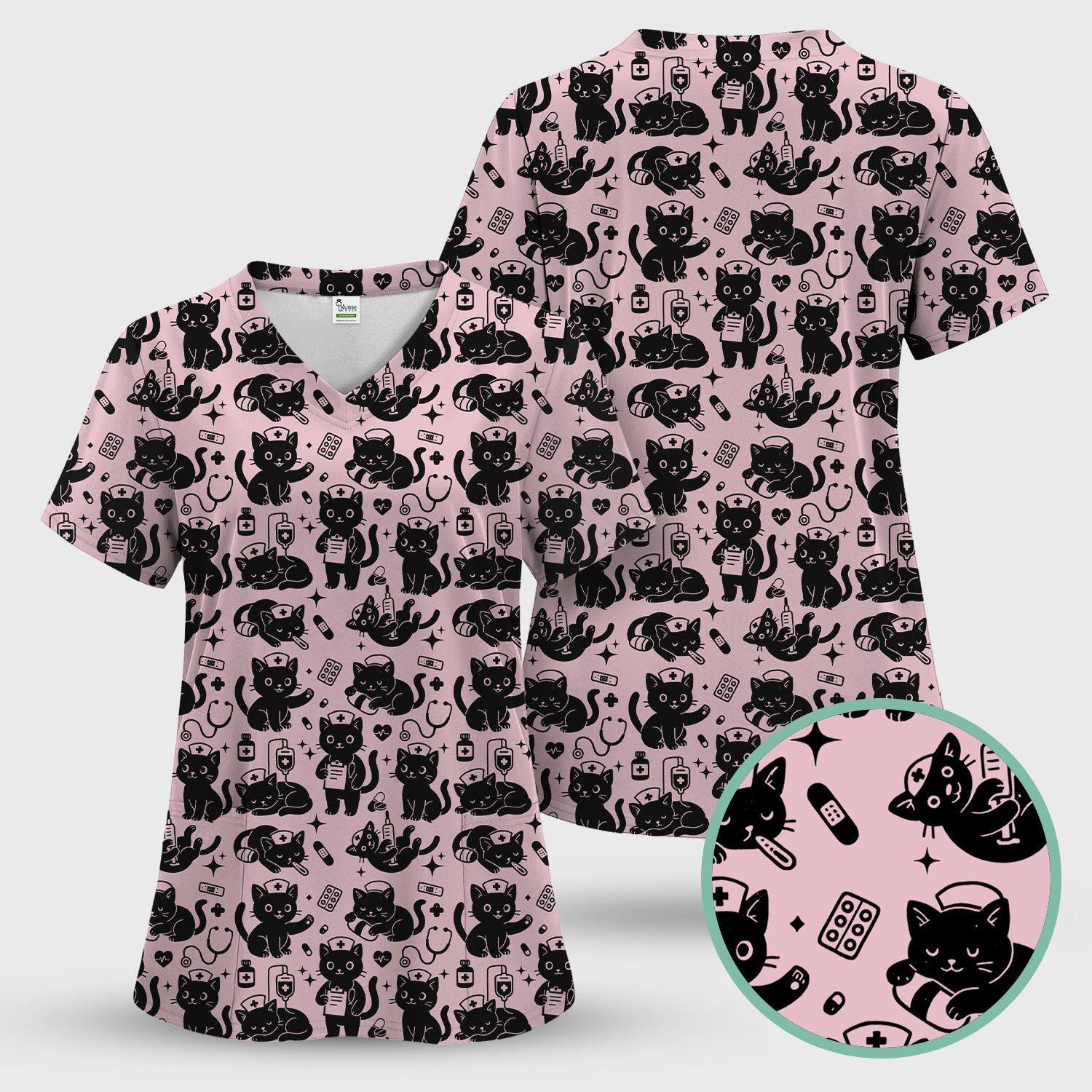 Cute Black Cat Nurse Pattern Scrub Top, Breathable Fabrics Nursing Uniform