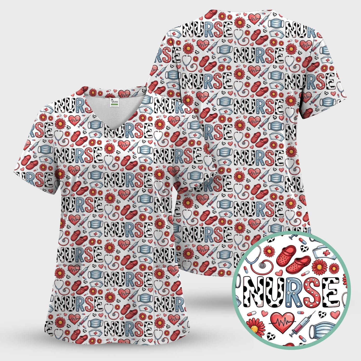 Cute Nurse Medical Icon Pattern Scrub Set, Scrub Pants and V Neck Top