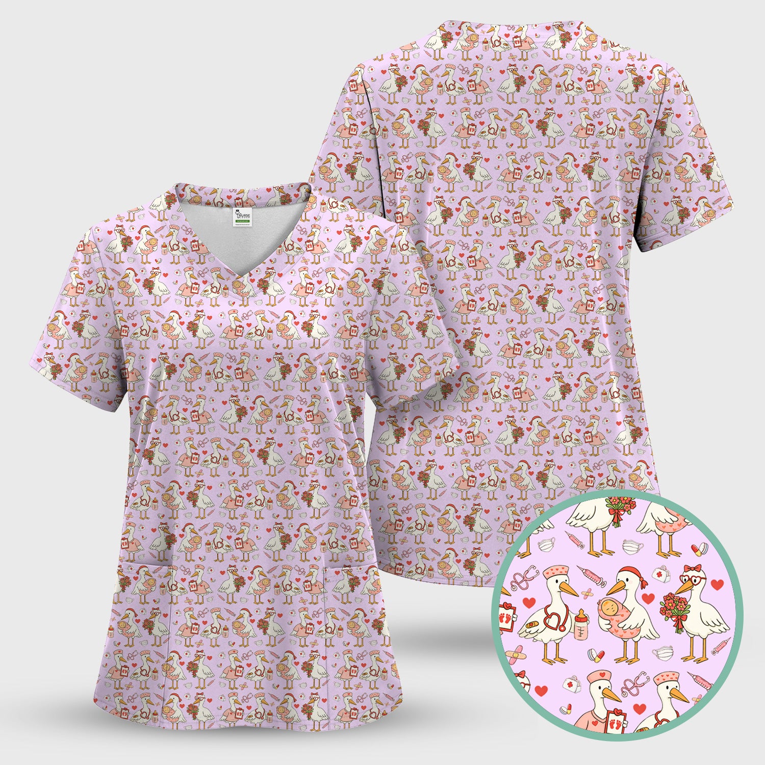 Cute Goose Nurse Valentine Pattern Scrub Top, Breathable Fabrics Nursing Uniform