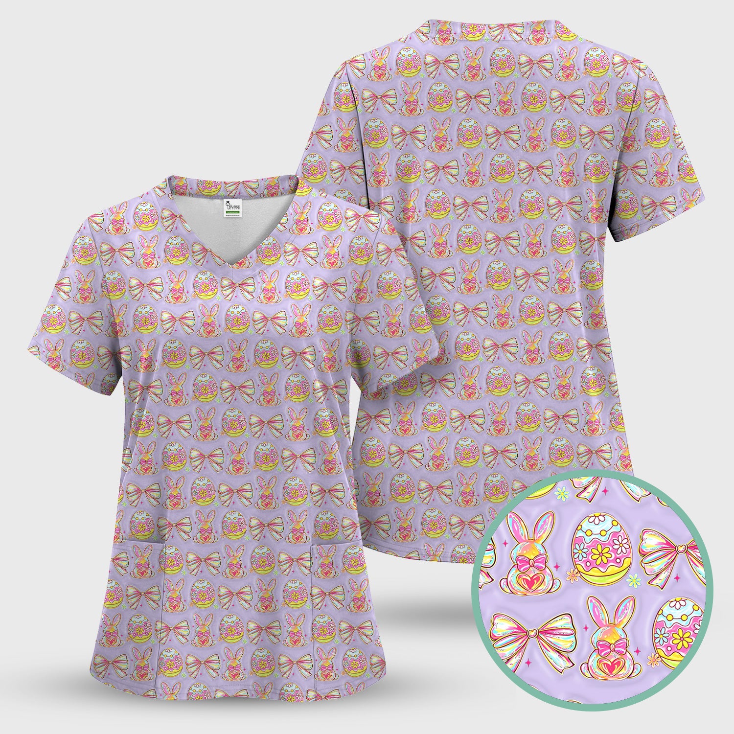 Easter Bunny Pastel Egg Bow Pattern Scrub Top, Breathable Fabrics Nursing Uniform