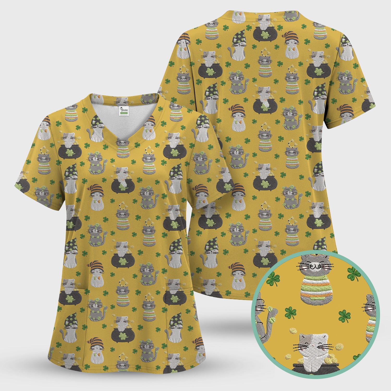 St. Patrick’s Day Scrub Top, Lucky Cat With Shamrock Pattern Shirt, Breathable Fabrics Nursing Uniform