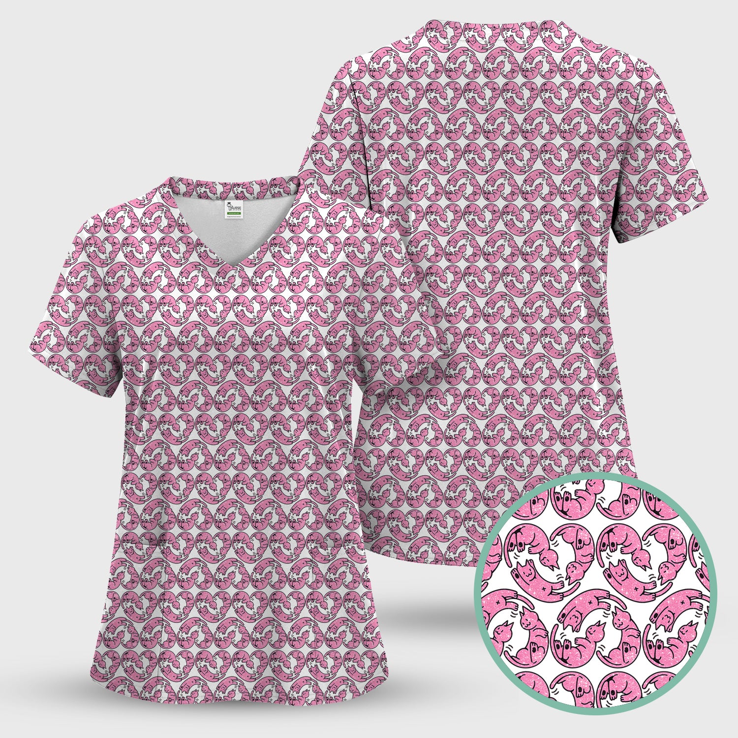 Cute Pink Cat Cartoon Pattern Scrub Top, Comfortable Scrubs for Nurses