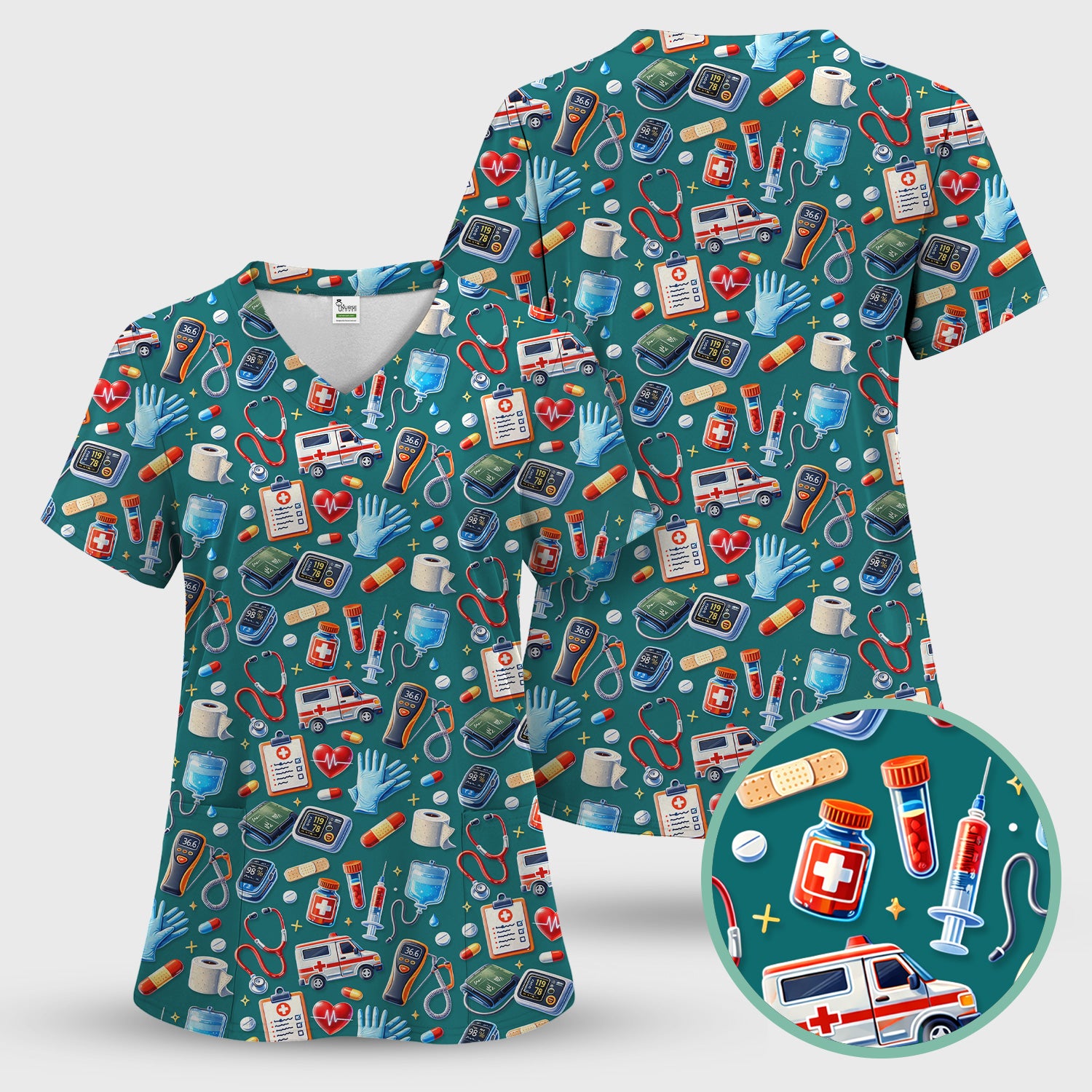 Medical Tools Pattern Ambulance Stethoscope Scrub Top, Comfortable Scrubs for Nurses