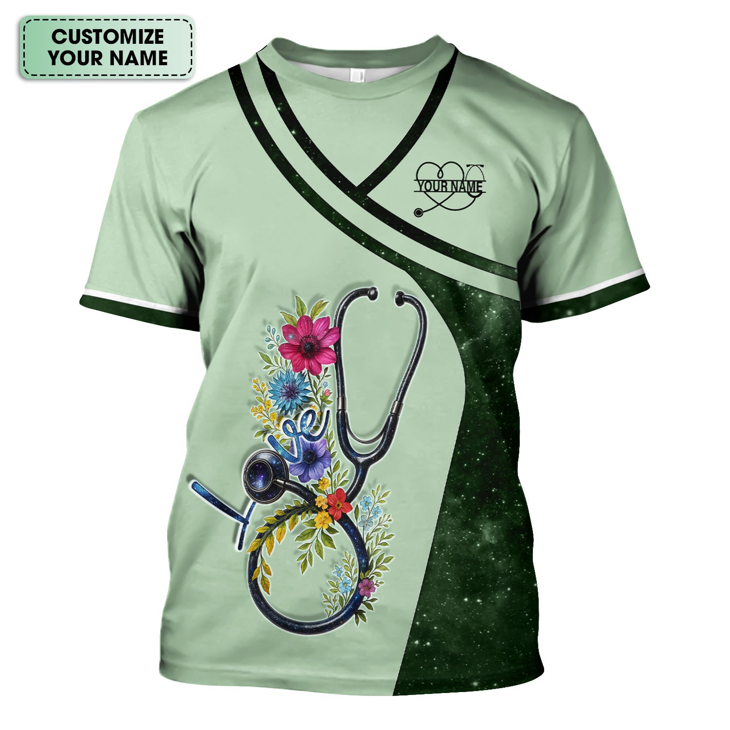 Custom Nurse Love T-Shirt - Floral Stethoscope & Galaxy Design - Personalized Gift for RN LPN CNA Healthcare Professionals