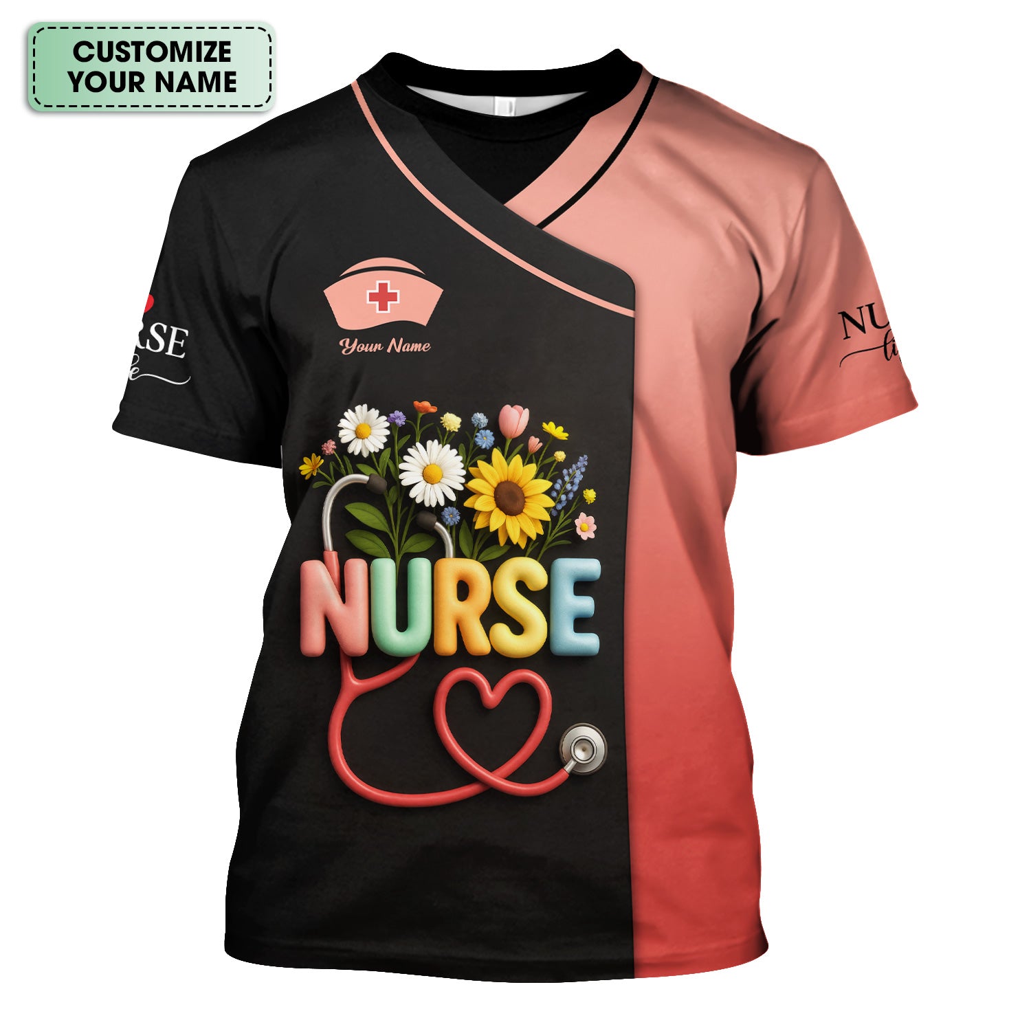 Colorful Floral Nurse Shirt - Personalized Scrub-Style Tee with Heart Stethoscope & Daisies - Gift for RN CNA LPN