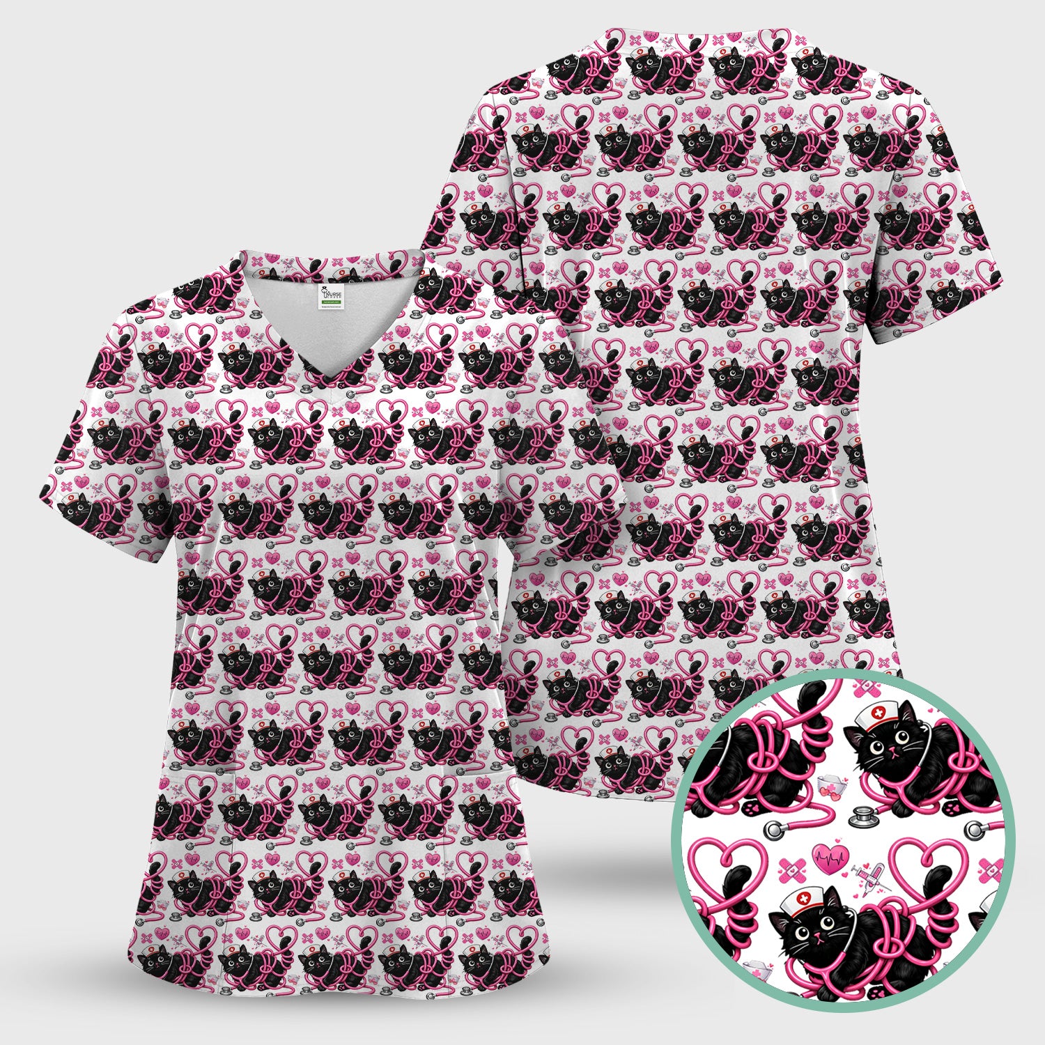 Valentine Cute Cat Nurse Heart Print Scrub Top, Comfortable Scrubs for Nurses