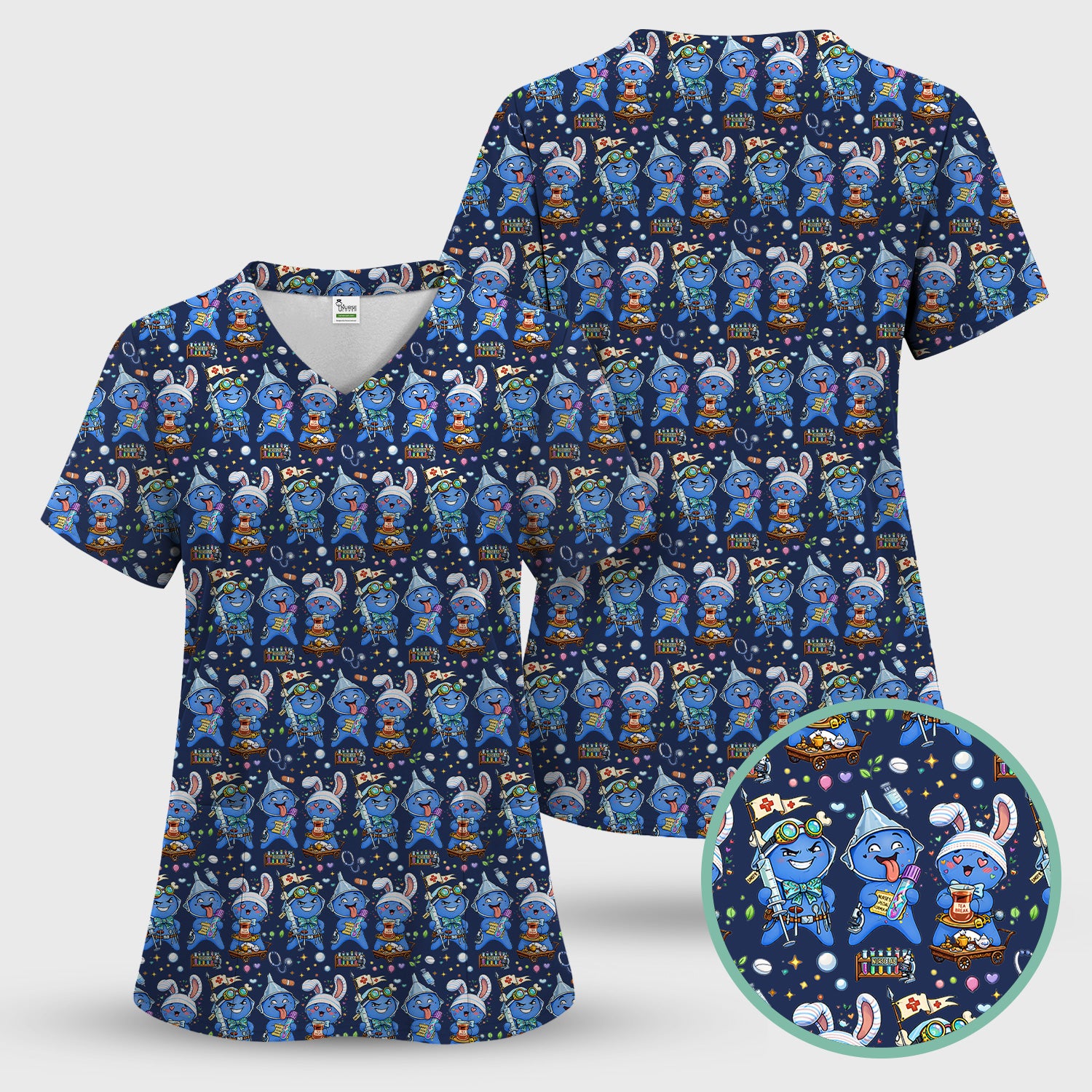 Cute Glove Doll Hospital Medical Cartoon Nurse Pattern Scrub Set, Women's Scrub Sets