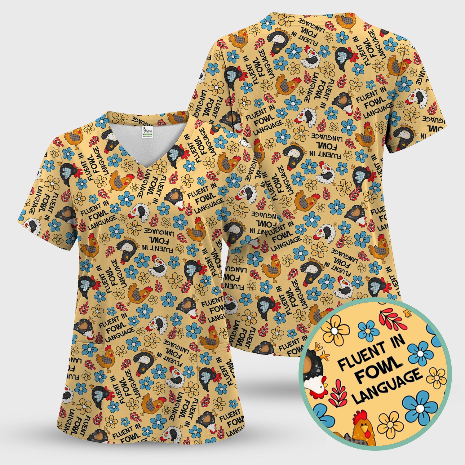 Funny Chicken Fluent in Fowl Language Pattern Scrub Top, Comfortable Scrubs for Nurses