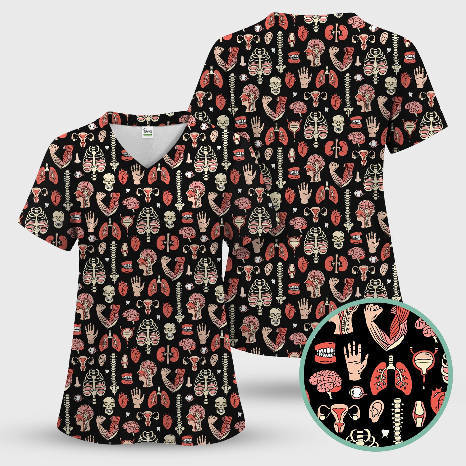 Human Anatomy Body Parts Pattern Scrubs Sets, Breathable Med Uniform