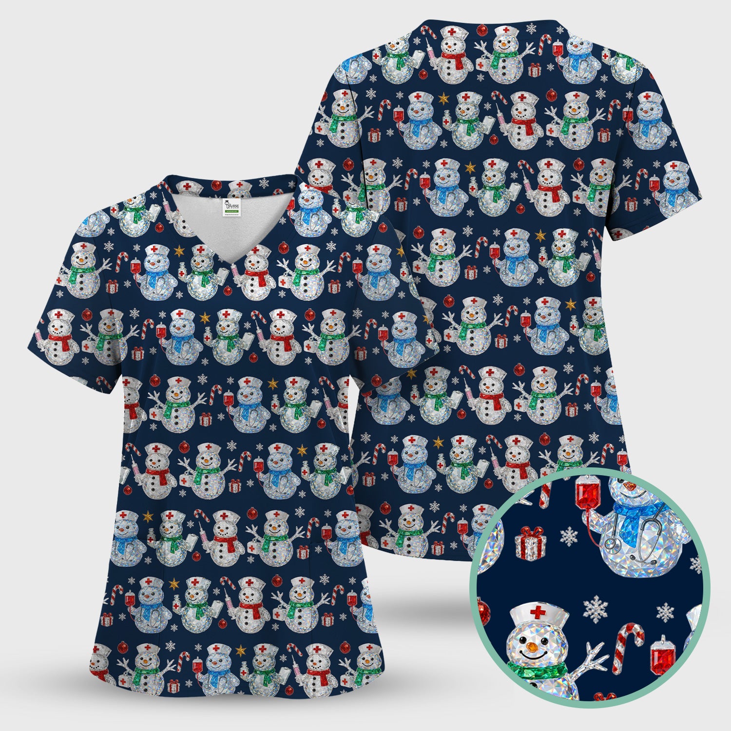 Nurse Snowman Christmas Scrub Top, Cute Holiday Medical Pattern Shirt For Women, Winter Snowflake Nursing Uniform
