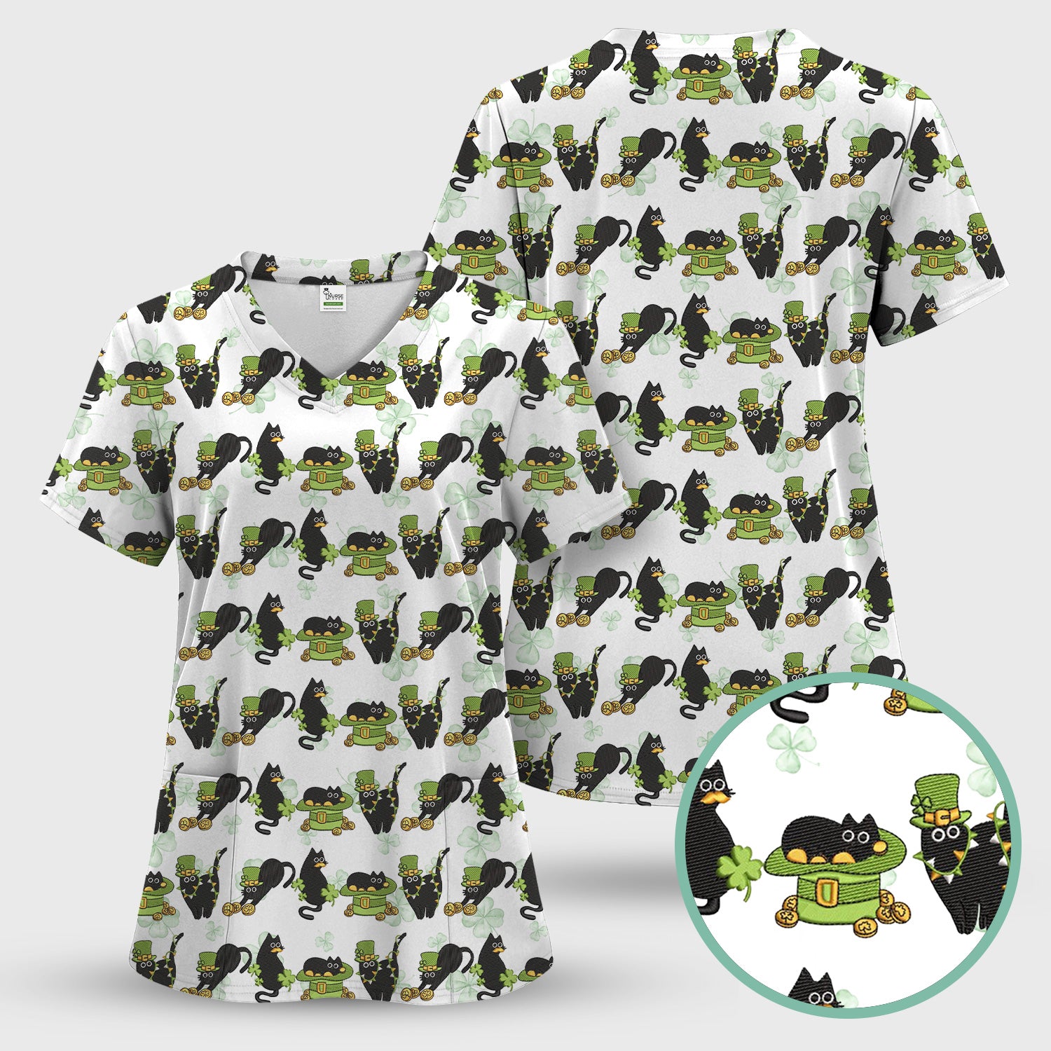 St. Patrick Black Cat Clover Print Nurse Scrub Top, Comfortable Scrubs for Nurses