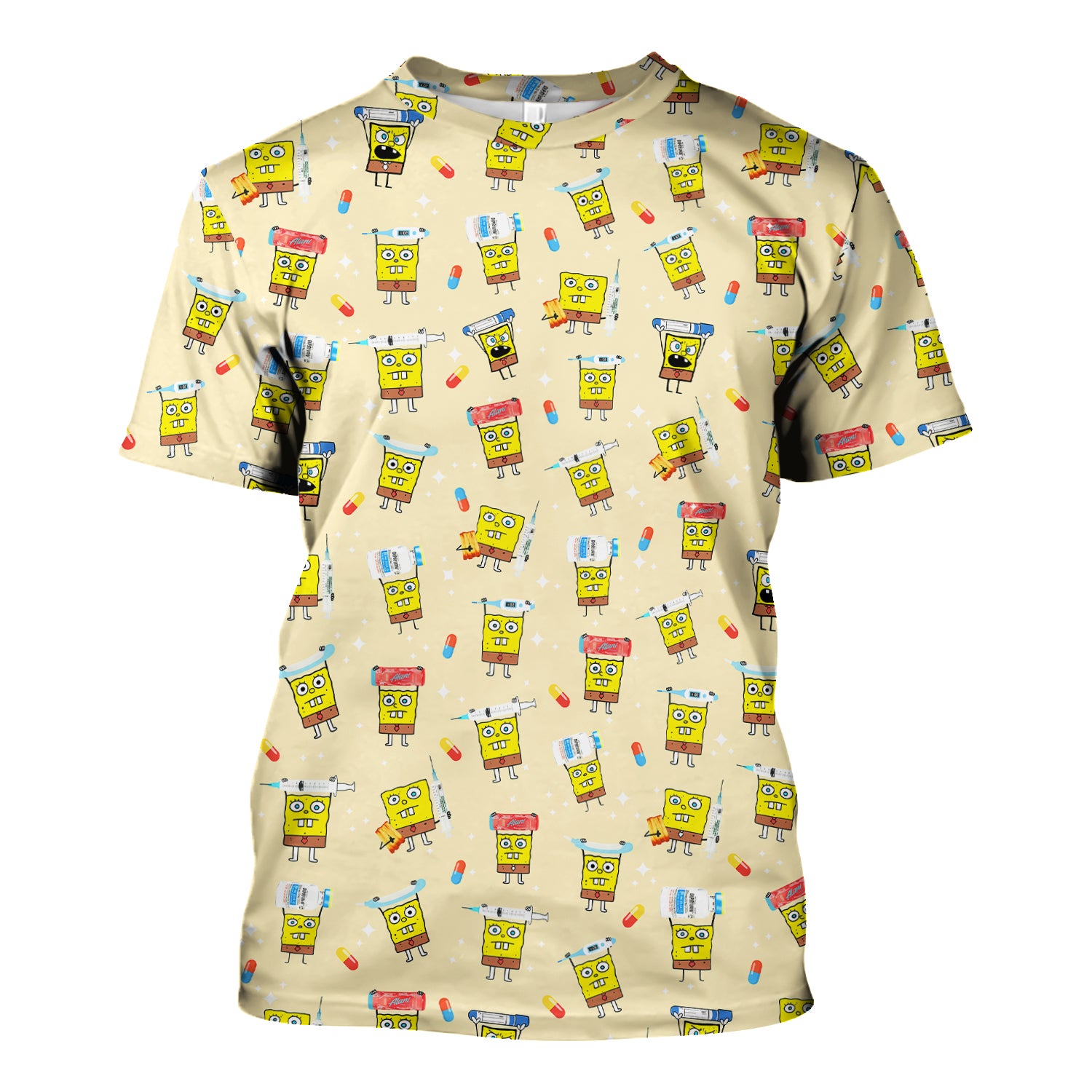 Cartoon Character Scrub Top - All-Over Print Doodle Medical Characters - Gift for RN LPN Healthcare Workers