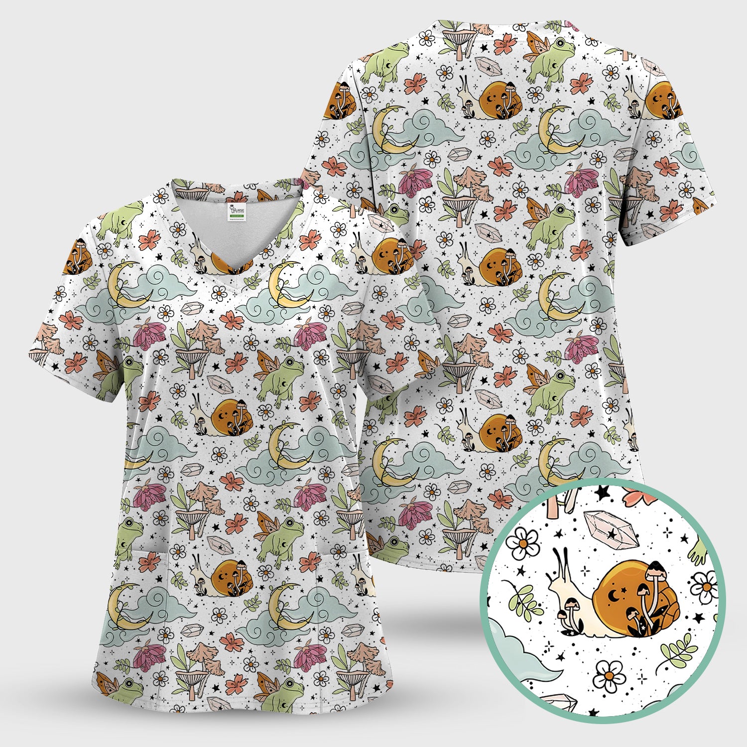 Whimsical Frog Moon Mushroom Pattern Scrub Top, Fantasy Nature Print, Breathable Fabrics Nursing Uniform