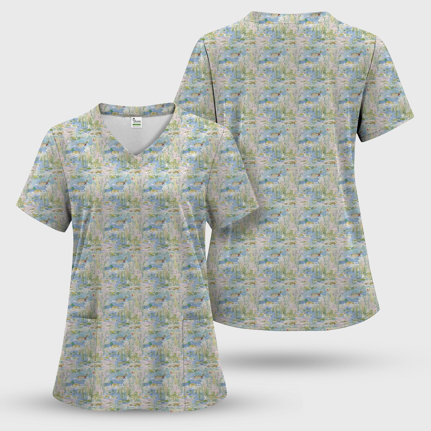 Ducks in Pond Water Pattern Scrub Top, Breathable Fabrics Nursing Uniform