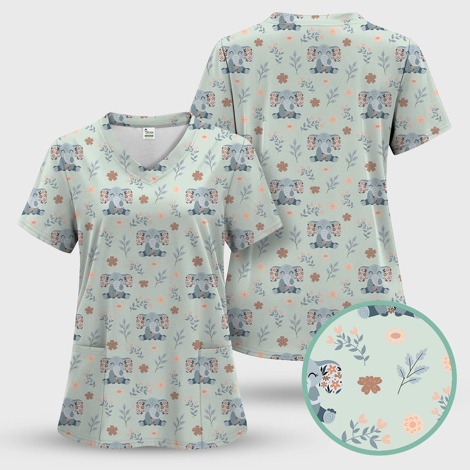 Cute Elephant Floral Print Scrub Top, Comfortable Scrubs for Nurses
