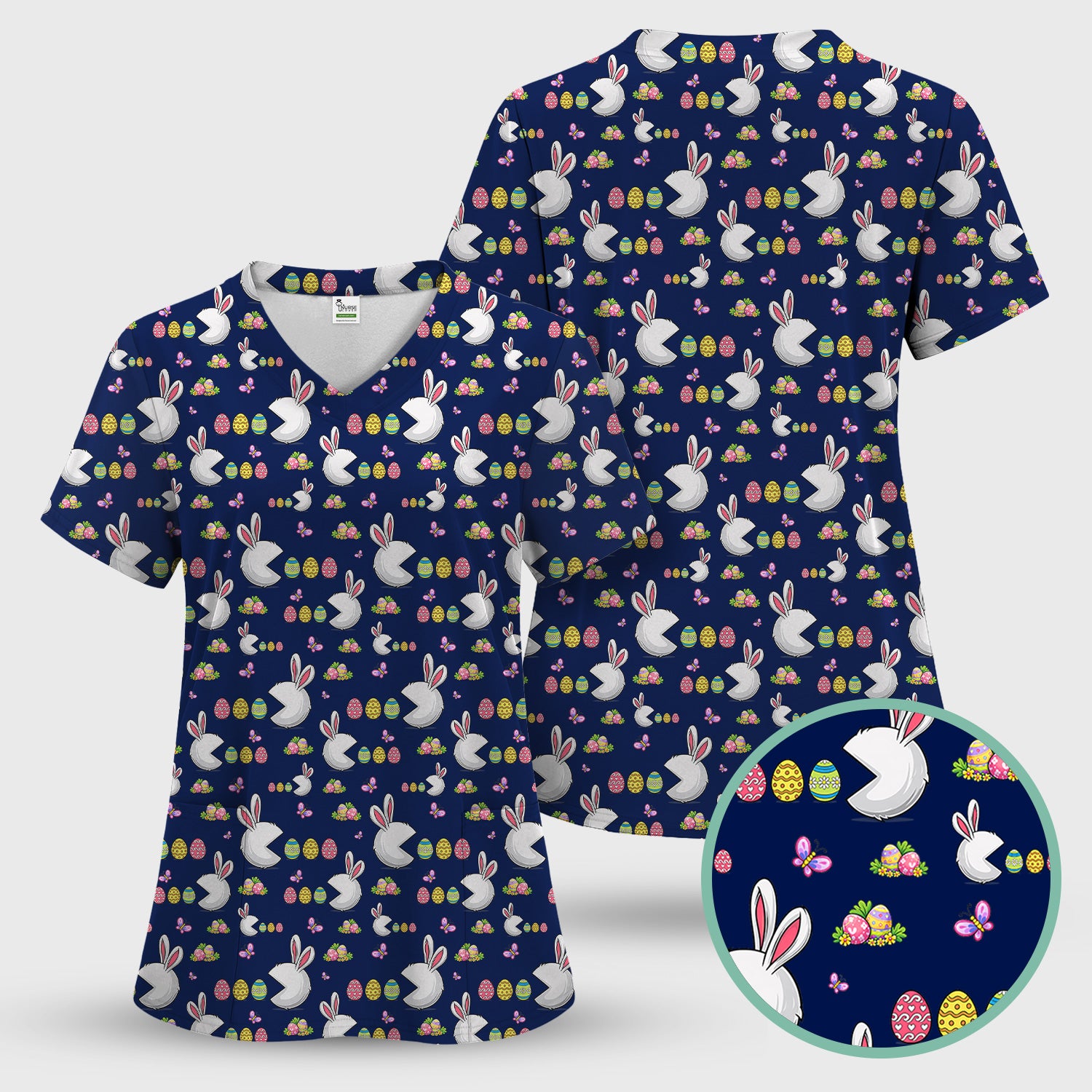 Easter Bunny and Colorful Eggs Print Scrub Top, Breathable Fabrics Nursing Uniform