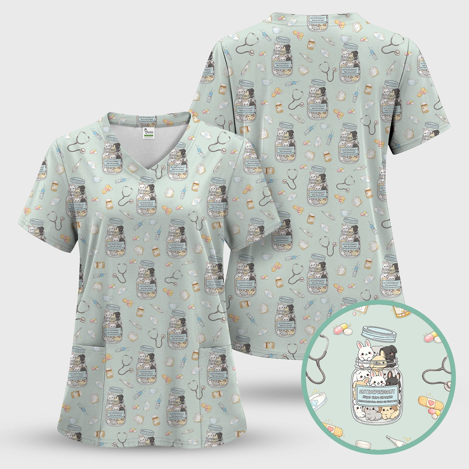 Whimsical Antidepressant Rabbit Jar Design Nurse Scrub Top, Soft & Breathable Workwear