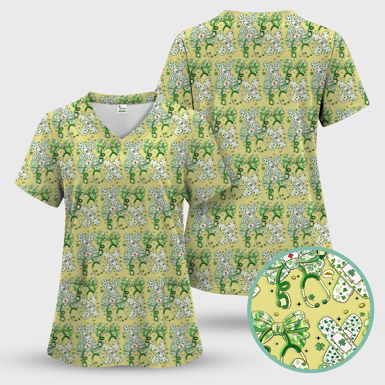 St Patrick Shamrock Stethoscope Bow Print Scrub Set, Breathable Med Uniform