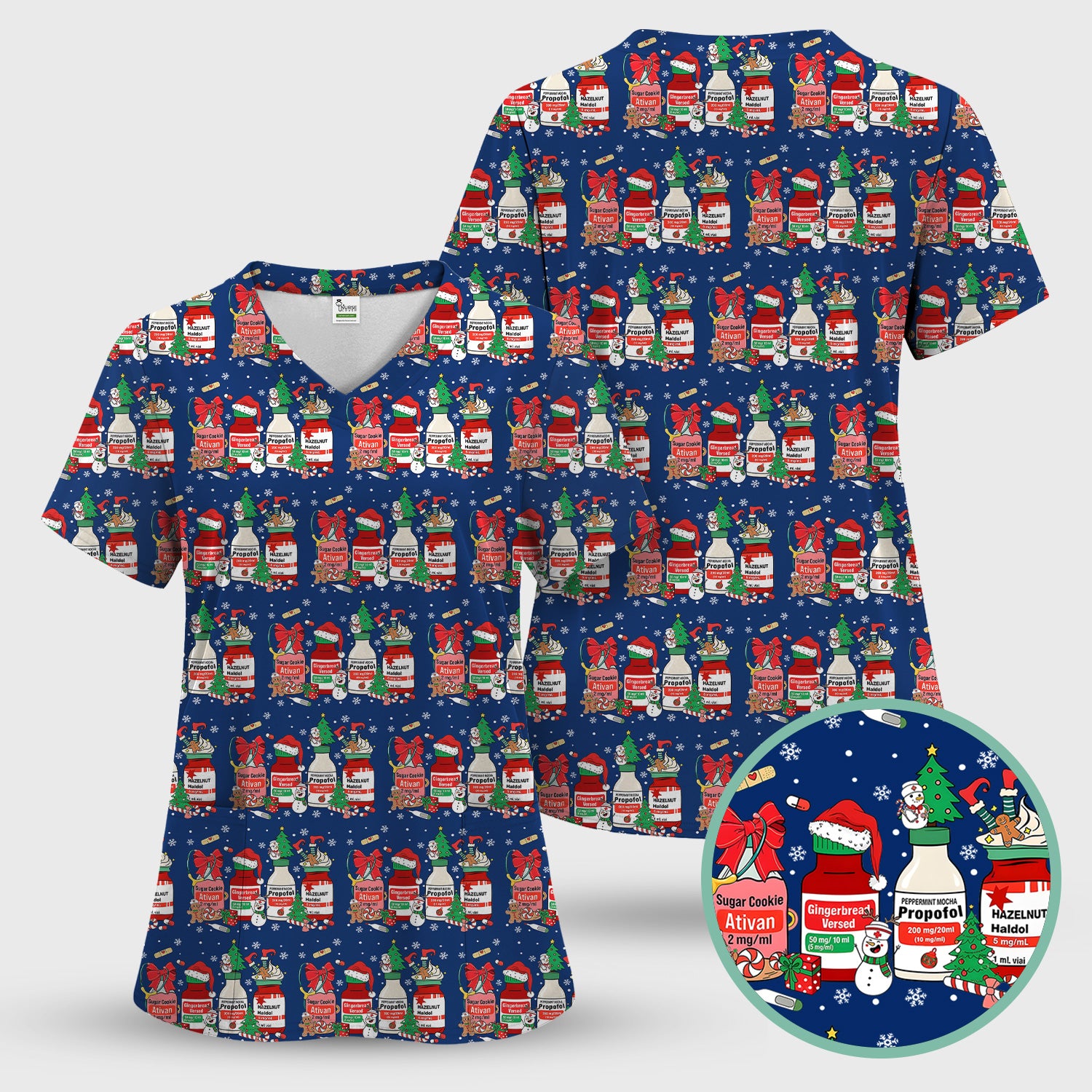 Funny Christmas Medication Scrub Top – Festive Holiday Pharma Bottles Pattern – Playful Medical Uniform for Nurses, Pharmacists & Healthcare Workers
