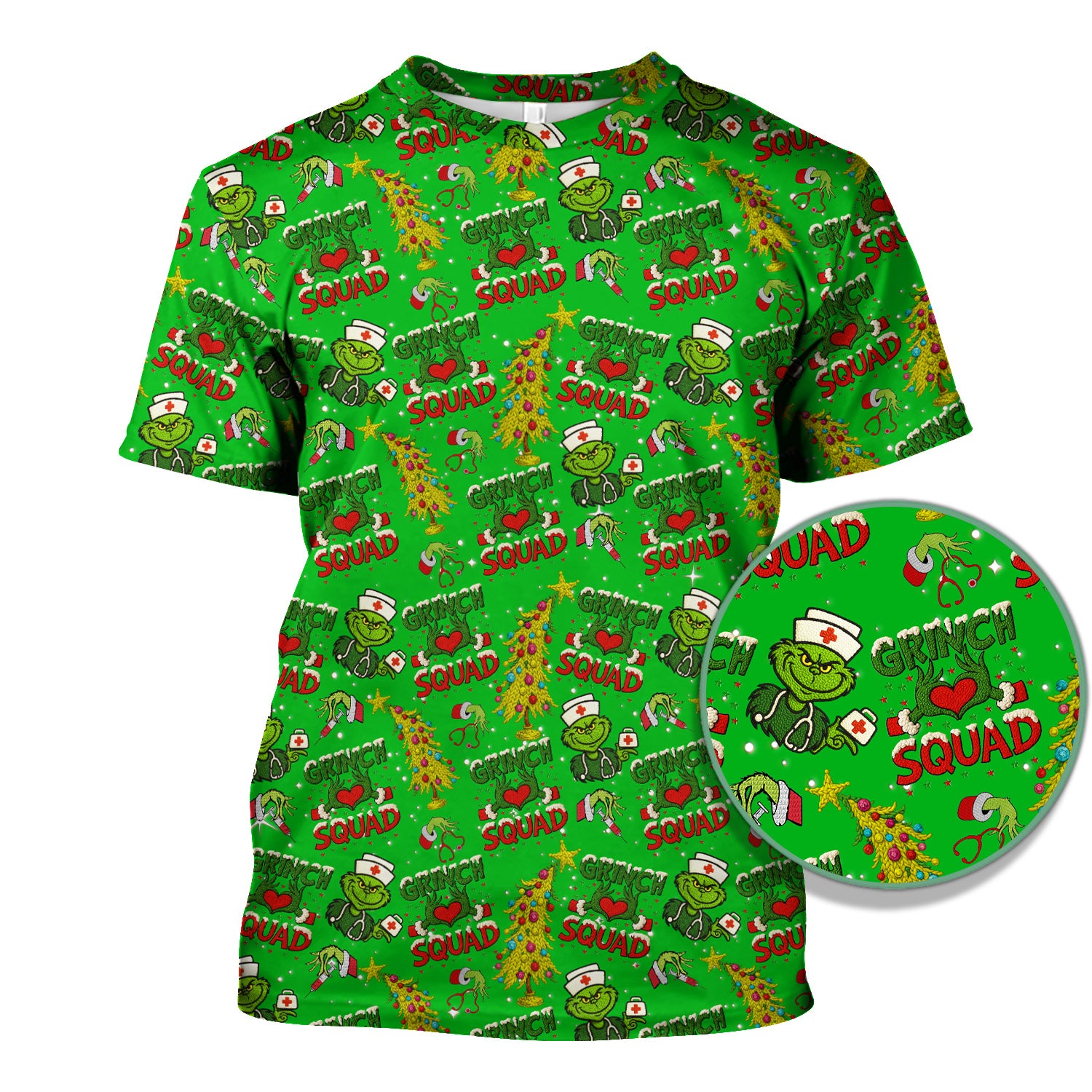 Grinch Squad Christmas Scrub Shirt - Funny Holiday Scrub Top for Nurses - Multi Color Nursing Work Shirt with Pockets