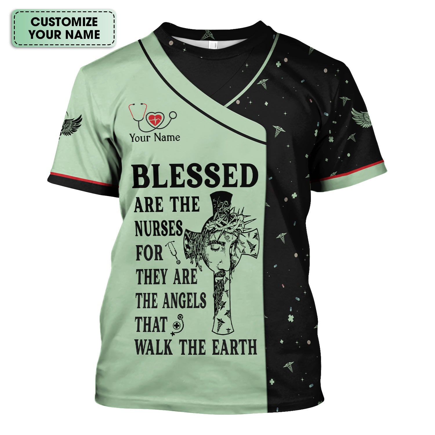 Personalized Christian Nurse Scrub Top - Jesus Cross & Angels That Walk The Earth Quote - Gift for Women RN LPN