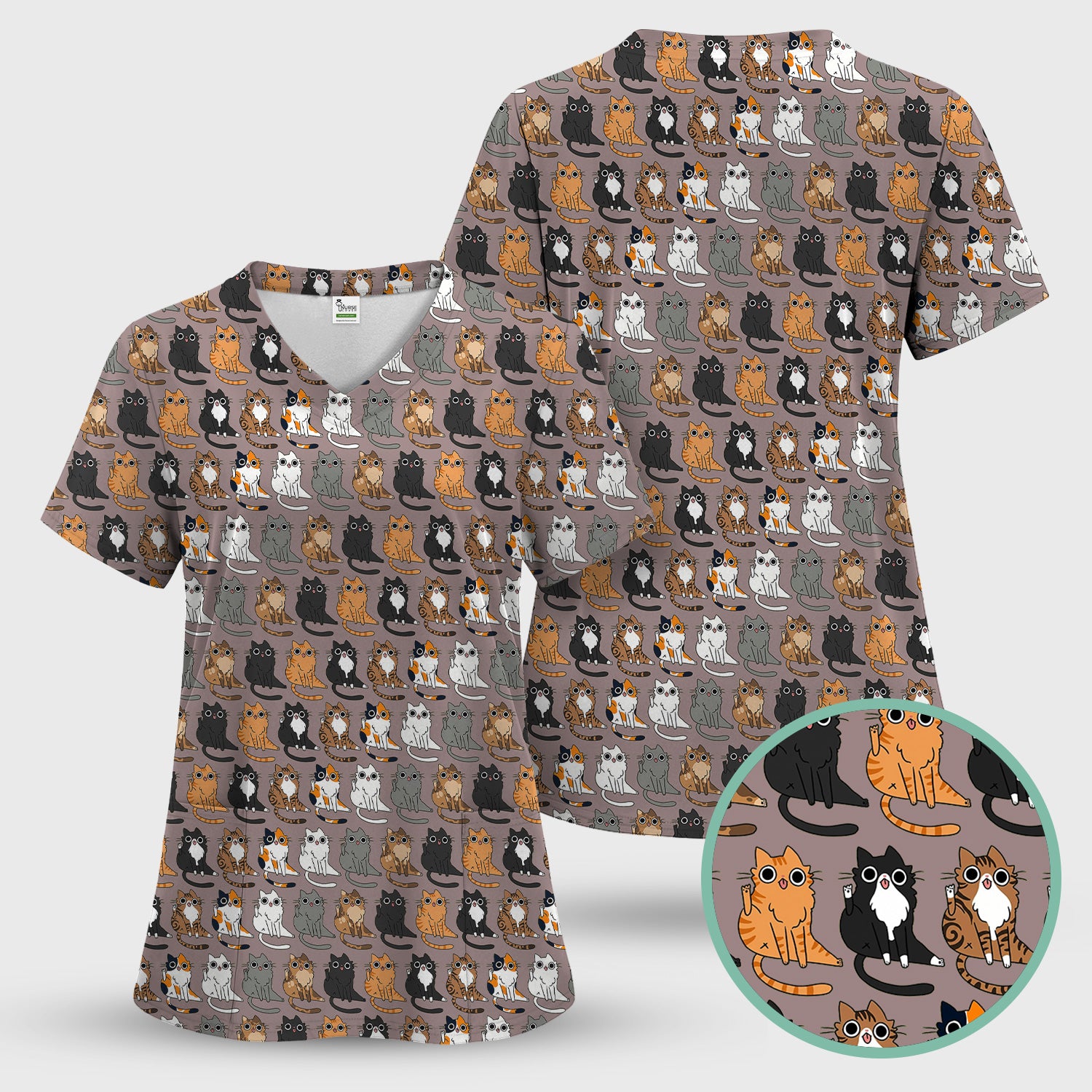 Cute Cartoon Cat Pattern Scrub Top, Comfortable Scrubs for Nurses