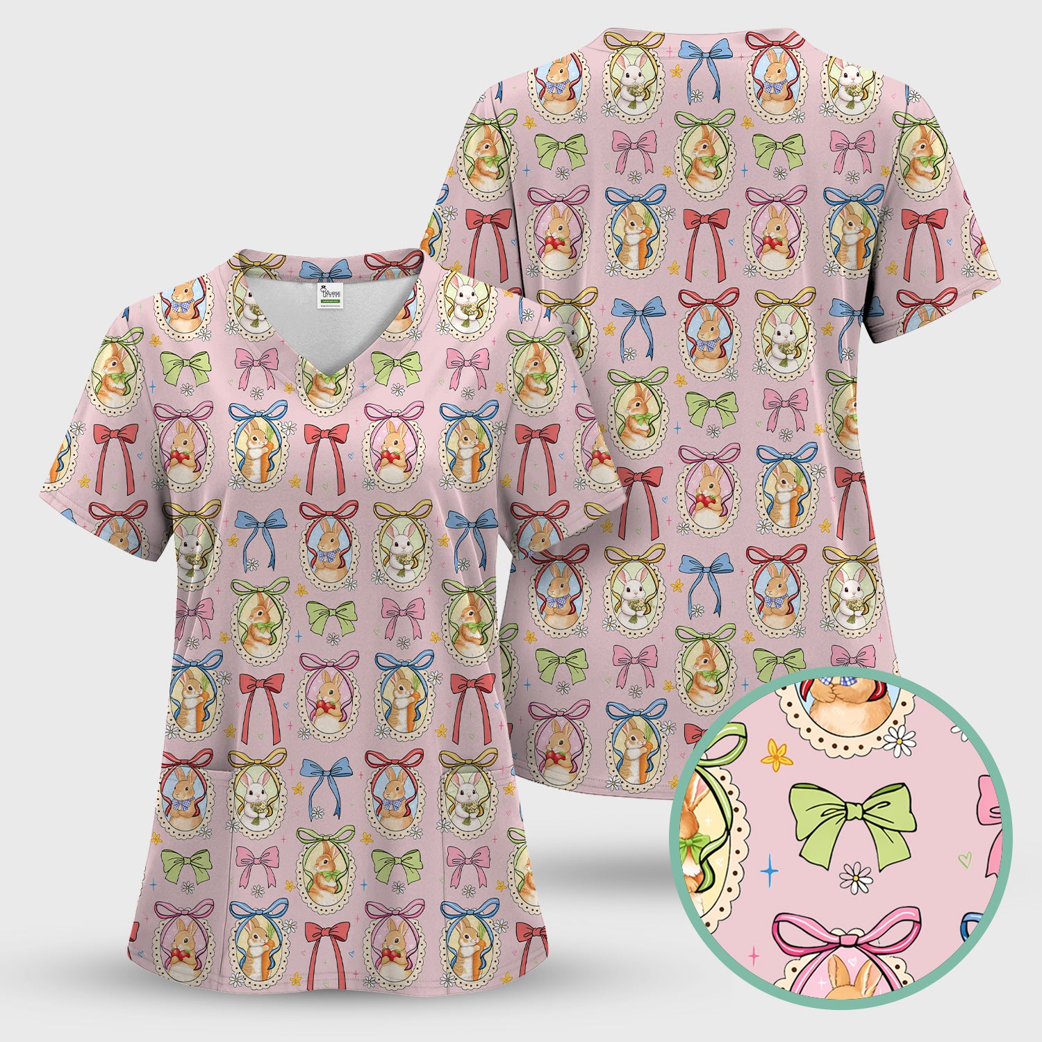 Cute Easter Bunny Cameo Colorful Bow Pattern Scrub Top, Breathable Fabrics Nursing Uniform