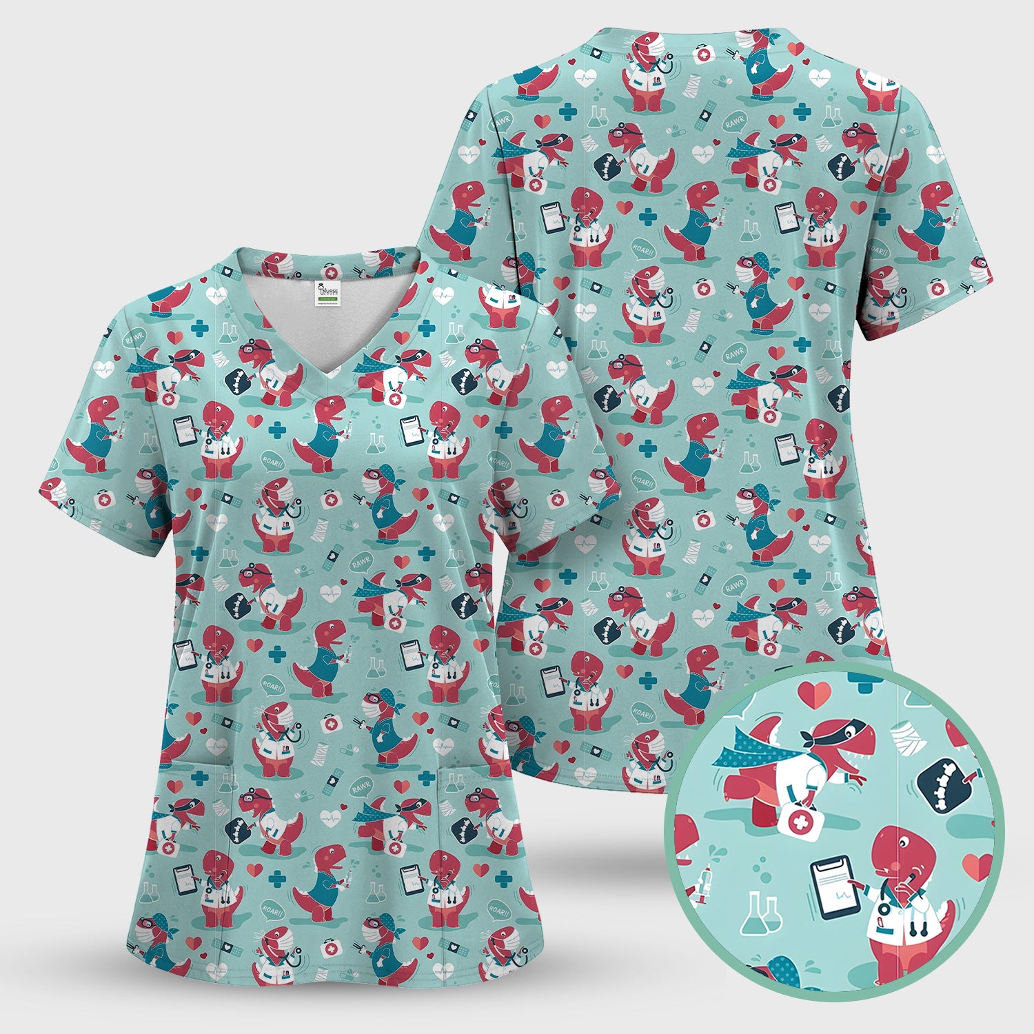 Cute Dinosaur Doctor Medical Pattern Scrub Top, Breathable Fabrics Nursing Uniform