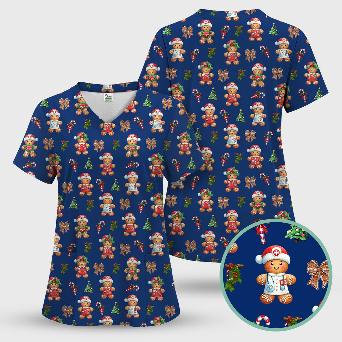 Funny Christmas Scrub Top for Nurse - Adorable Gingerbread Candy Cane Bow- Festive Medical Uniform for Women