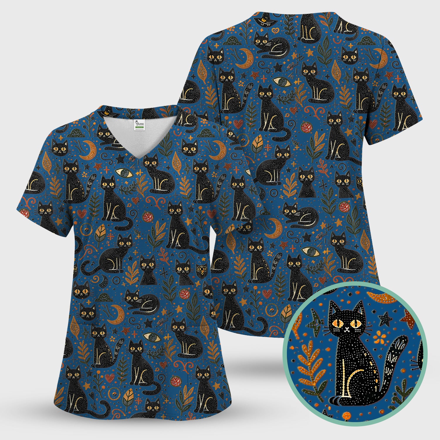 Mystic Black Cat Celestial Doodle Pattern Scrub Top, Comfortable Scrubs for Nurses