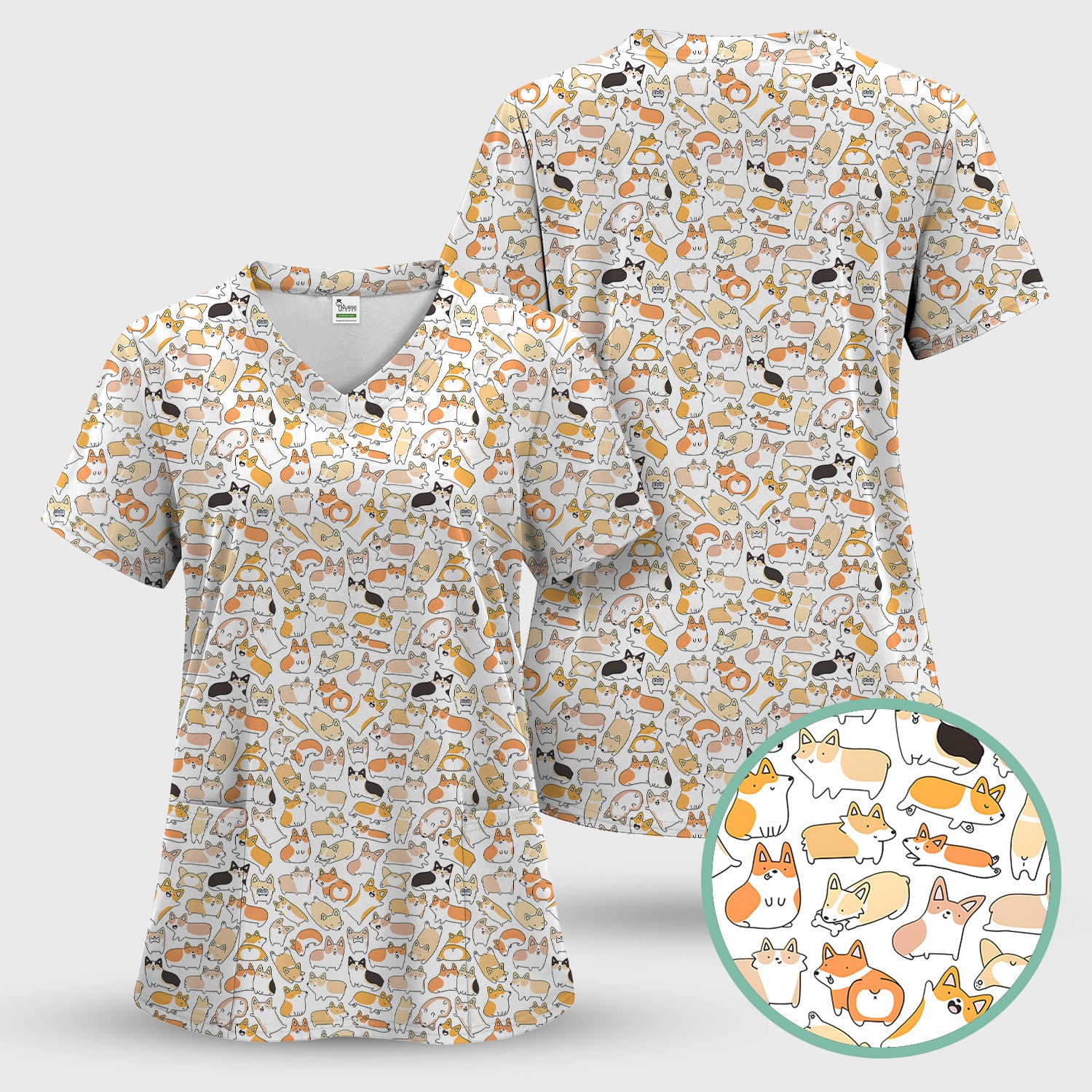 Cute Corgi Dog All Over Print Scrub Top, Comfortable Scrubs for Nurses