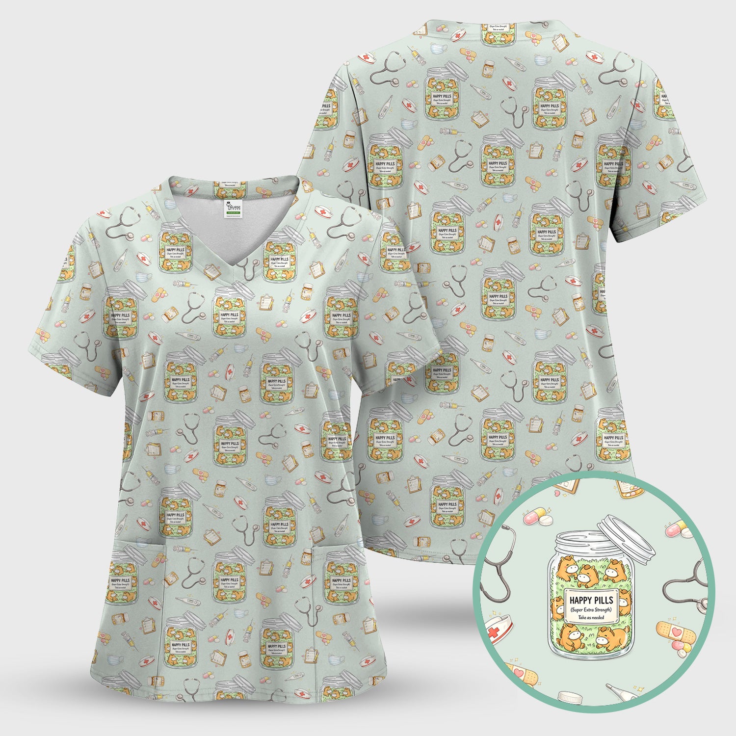 Happy Pills Horse Medical Print Nurse Scrub Top, Comfortable Scrubs for Nurses