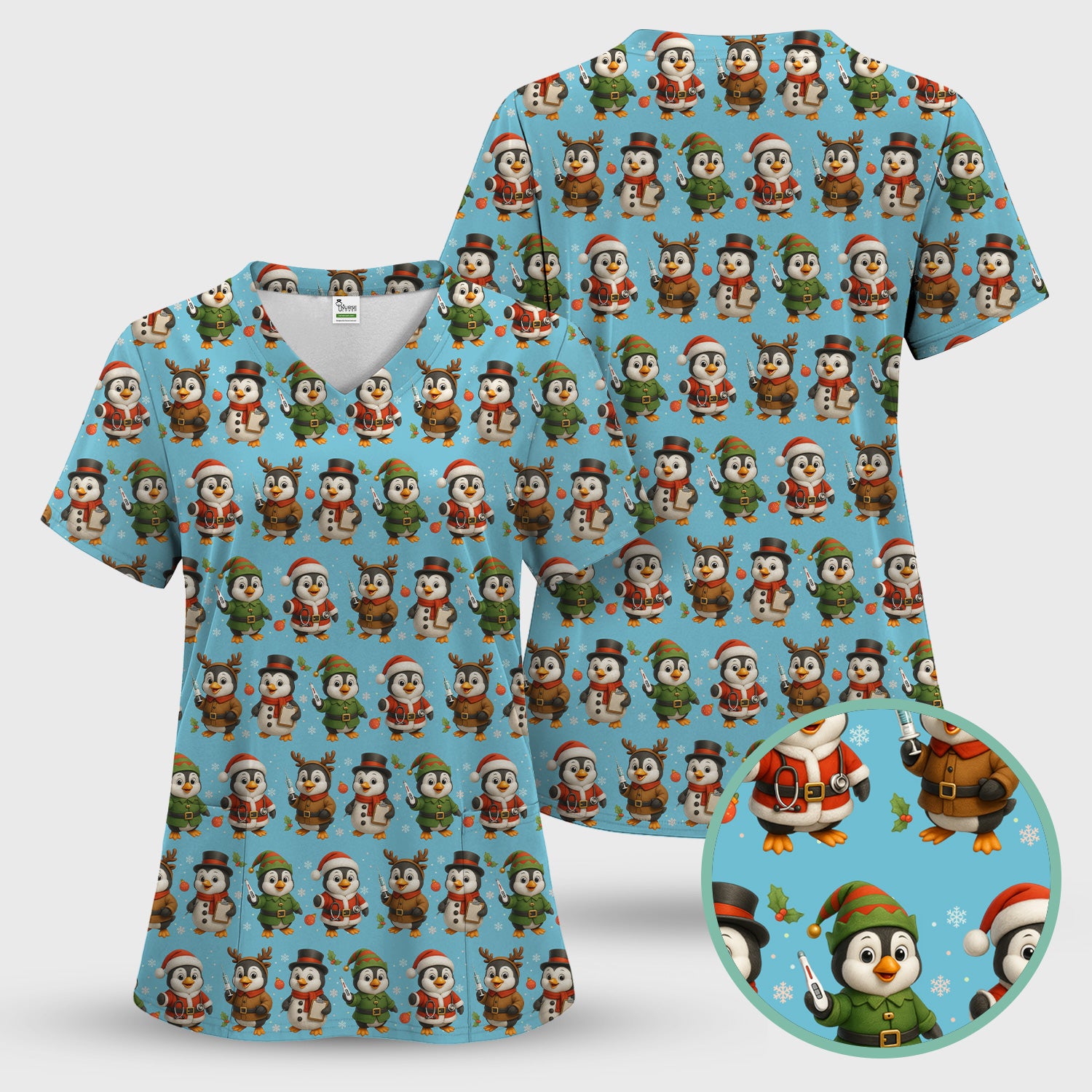 Penguin Christmas Scrubs Set - Adorable Holiday Pattern Scrub Top & Pants - Cute Penguin Scrubs for Women Christmas Season