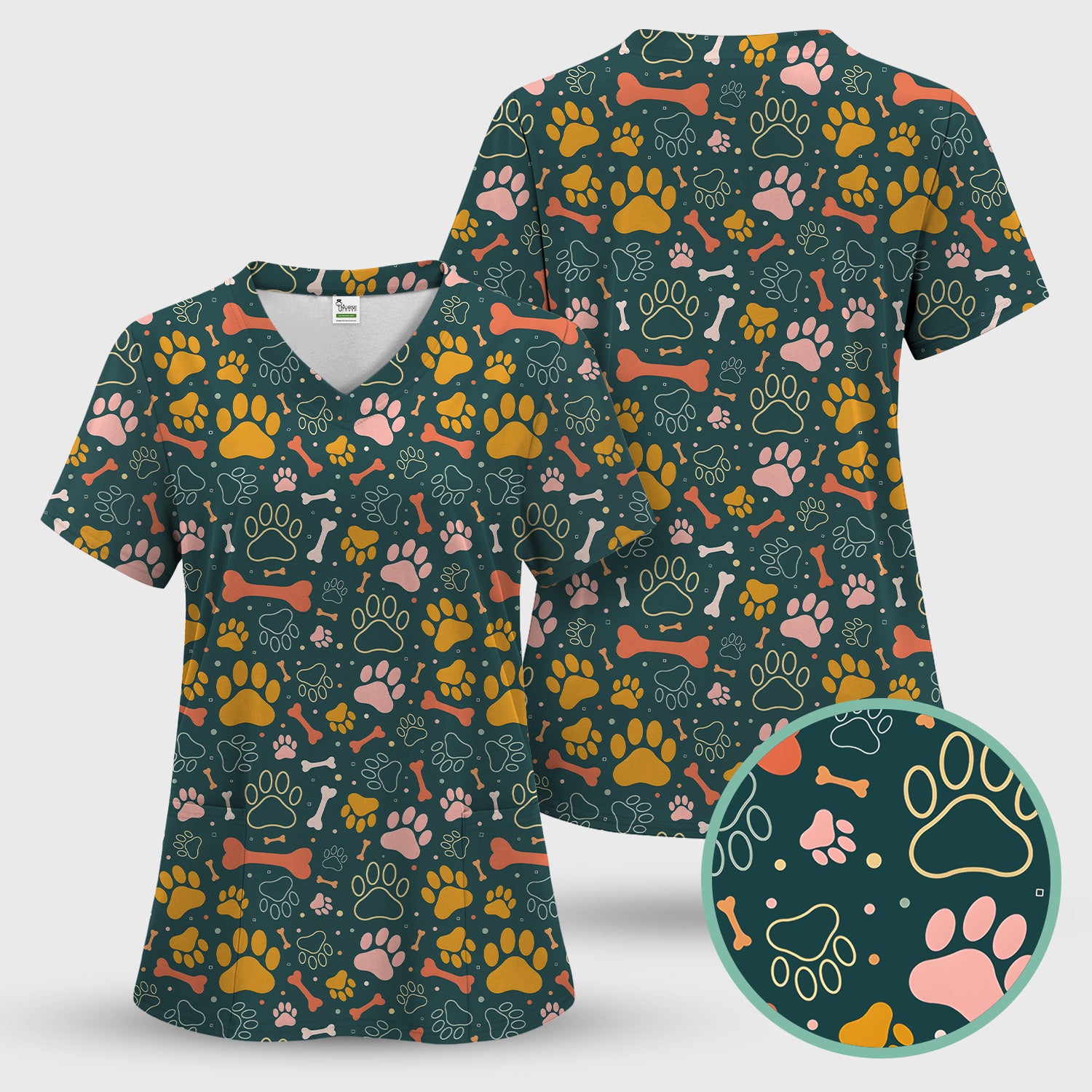 Cute Paw Print Dog Pattern Scrub Top, Comfortable Scrubs for Nurses