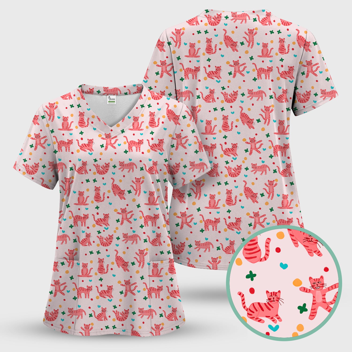 Cute Pink Cat Pattern Scrub Top, Comfortable Scrubs for Nurses