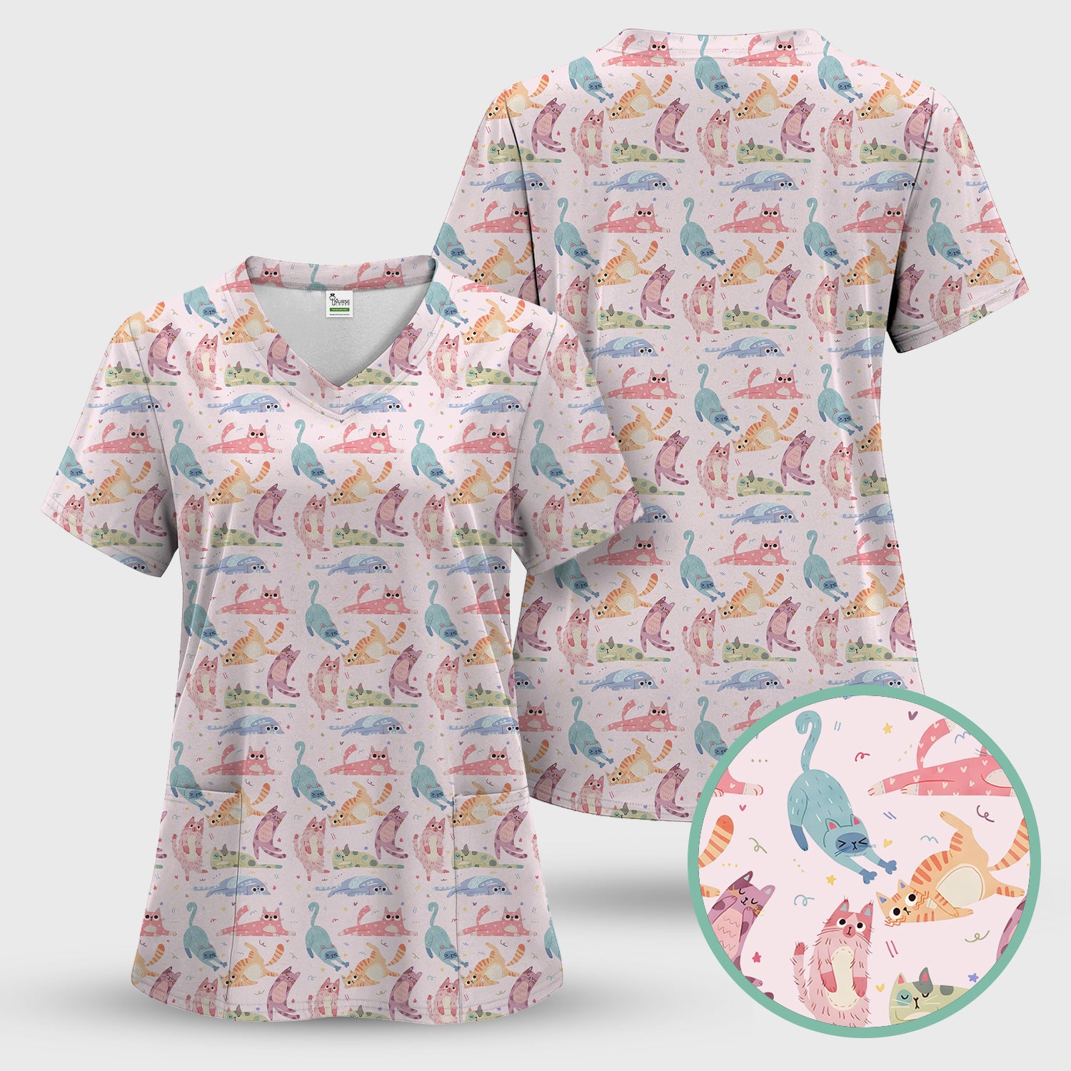 Funny Pastel Cat Pattern Medical Scrub Top, Breathable Fabrics Nursing Uniform