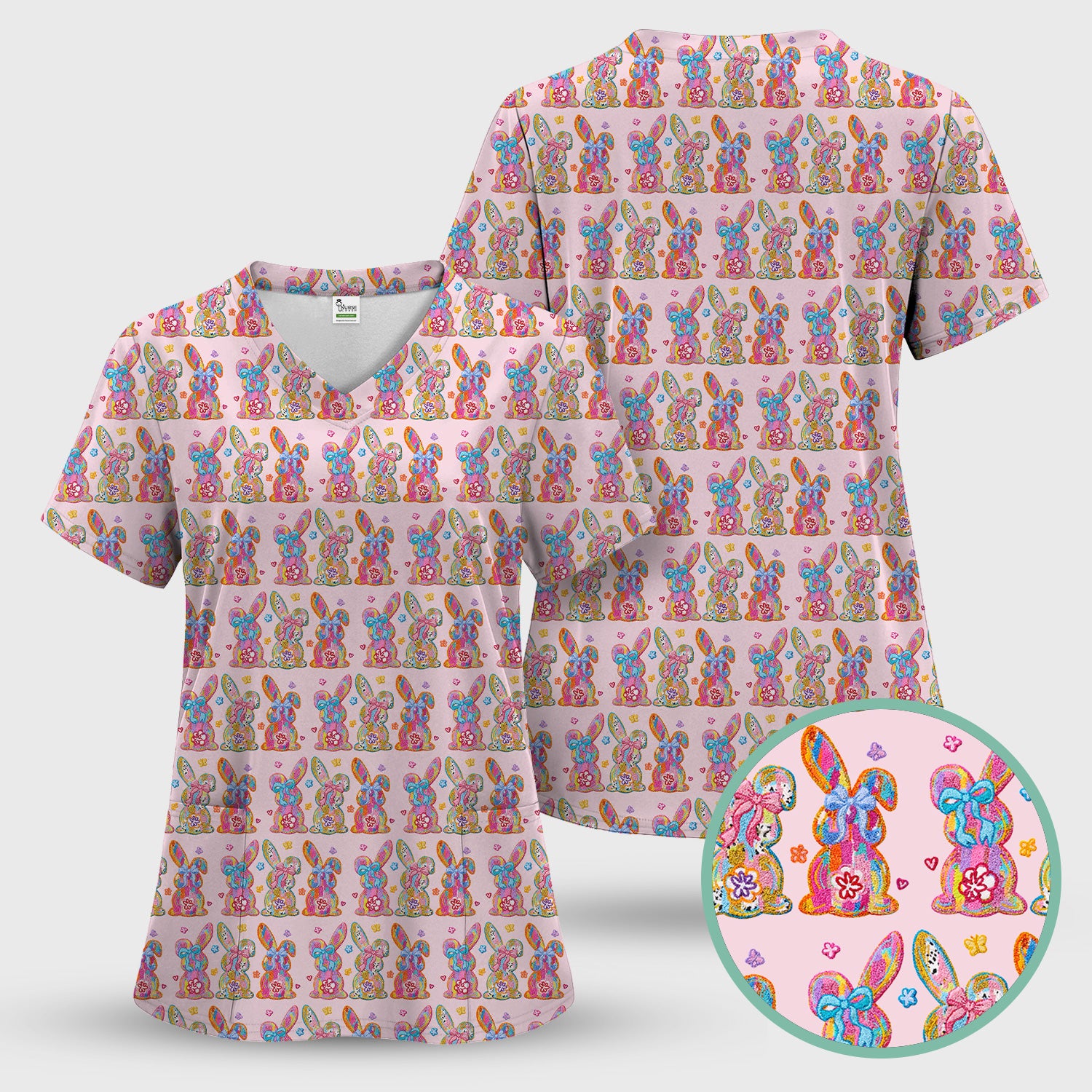 Cute Pastel Bunny Floral Pattern Scrub Top, Comfortable Scrubs for Nurses, Easter