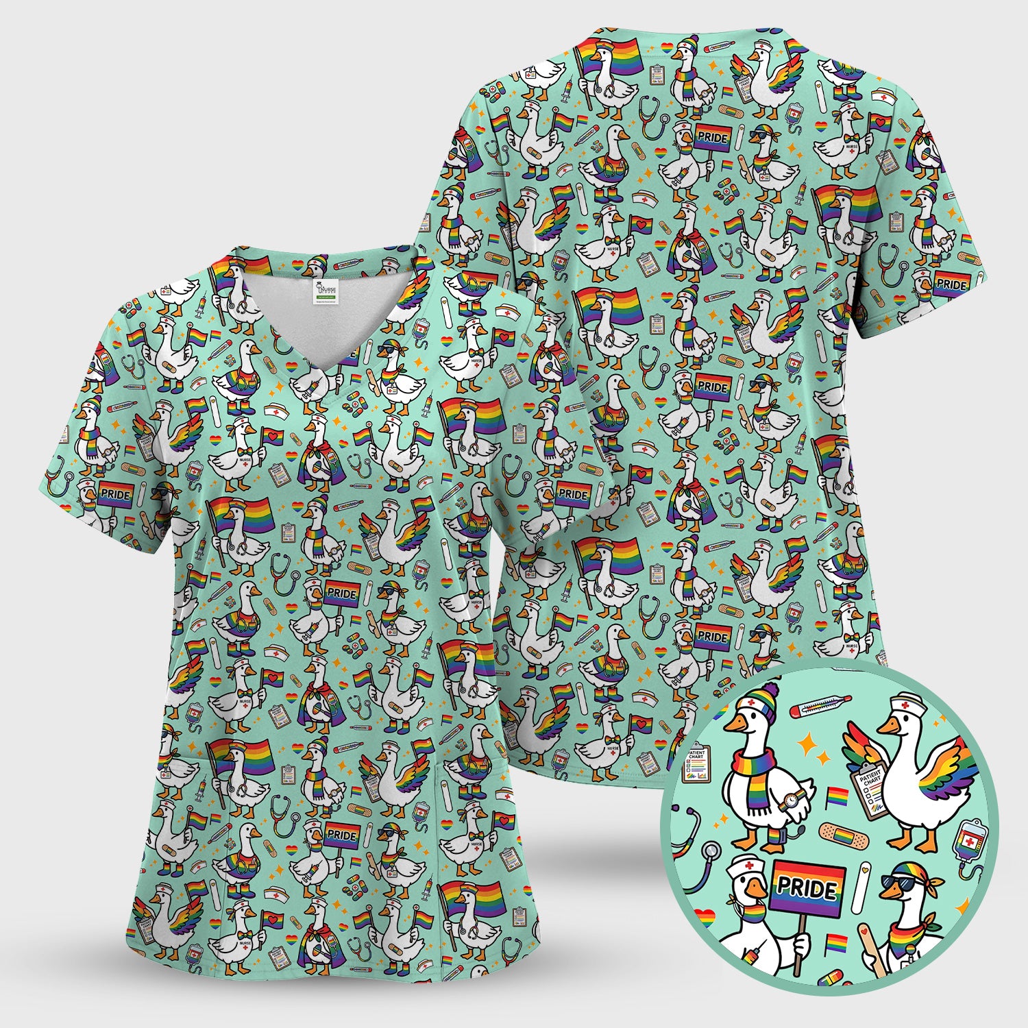 LGBT Pride Nurse Duck Pattern Scrub Top, Breathable Fabrics Nursing Uniform