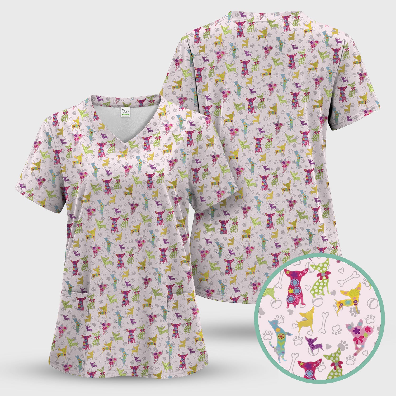 Colorful Playful Dog Print Nurse Scrub Top, Comfortable Scrubs for Nurses