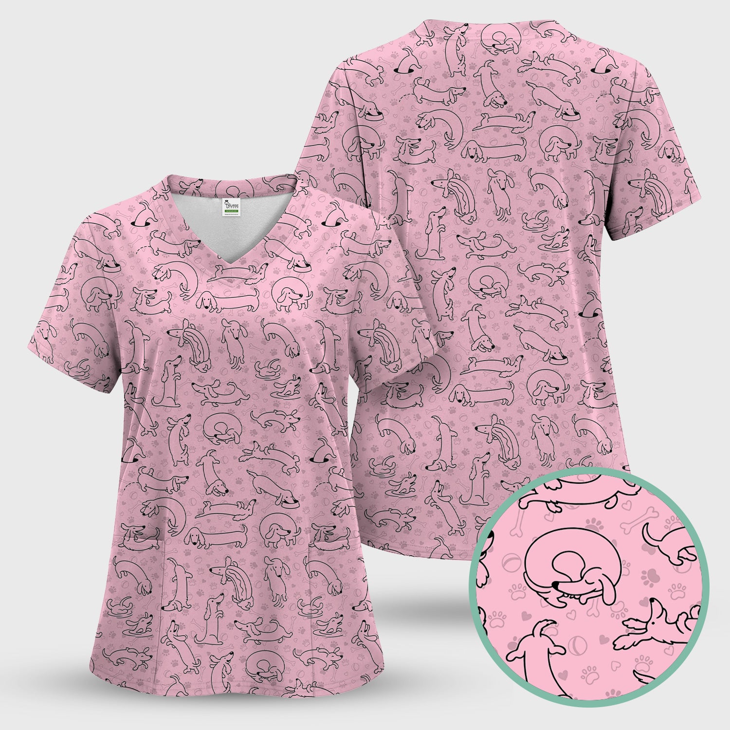 Playful Dachshund Dog Line Art Print Scrub Top, Comfortable Scrubs for Nurses