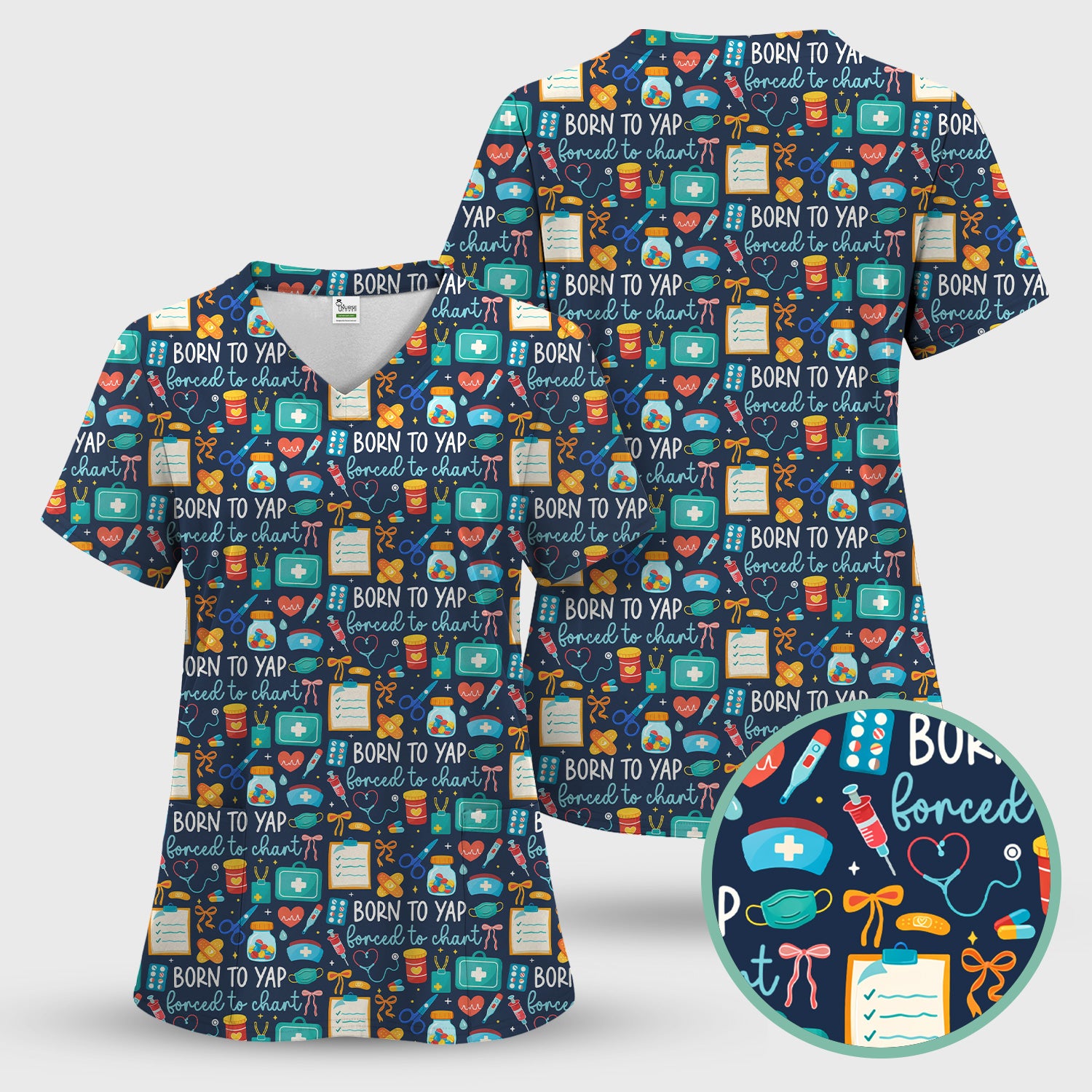 Born To Yap Medical Tools Pattern Scrub Top, Comfortable Scrubs for Nurses