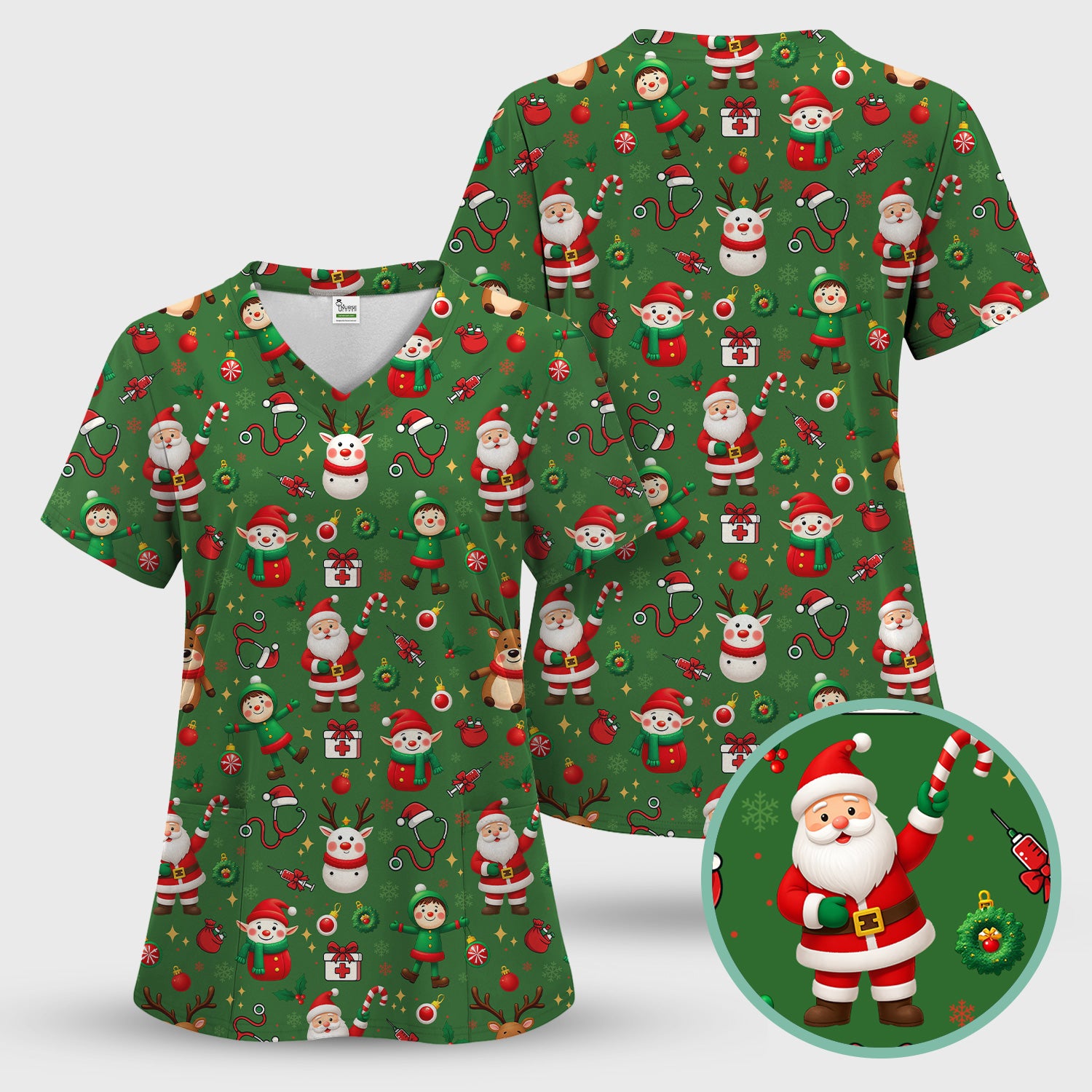 Santa Christmas Scrub Top - Cute Holiday Nurse Medical Shirt - Festive Reindeer Med Uniform for Women RN CNA LPN