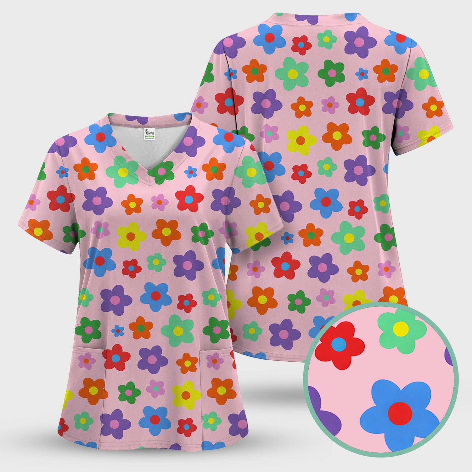 Colorful Retro Flower Pattern Print Scrub Top, Breathable Fabrics Nursing Uniform