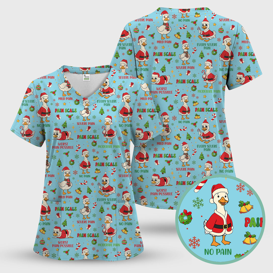 Funny Goose Christmas Scrub Top - Pain Scale Nurse Pattern Shirt - Cute Holiday Medical Scrubs for Women