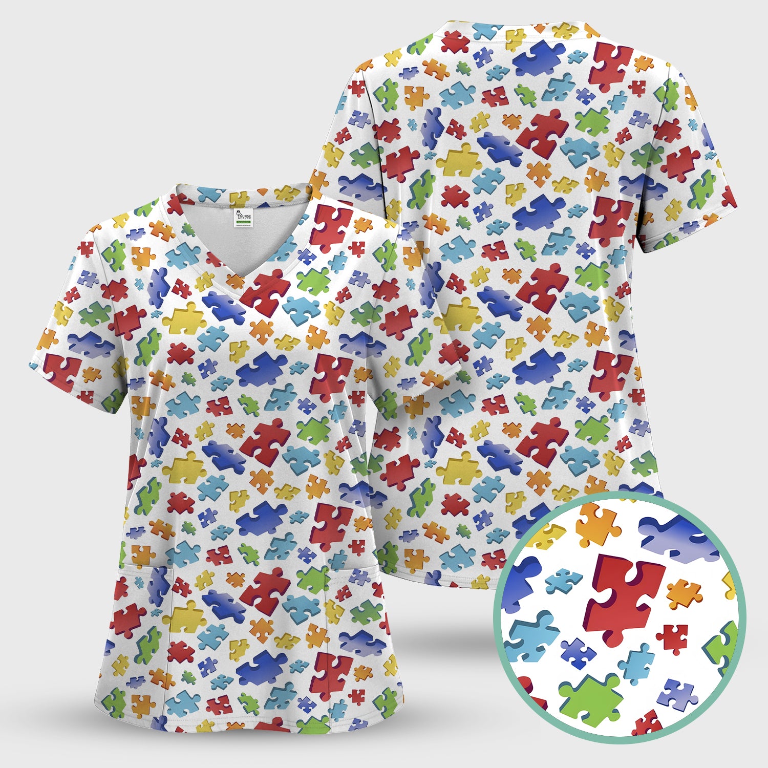 Colorful Scattered Puzzle Piece Pattern Scrub Top, Breathable Scrubs for Nurses, Autism