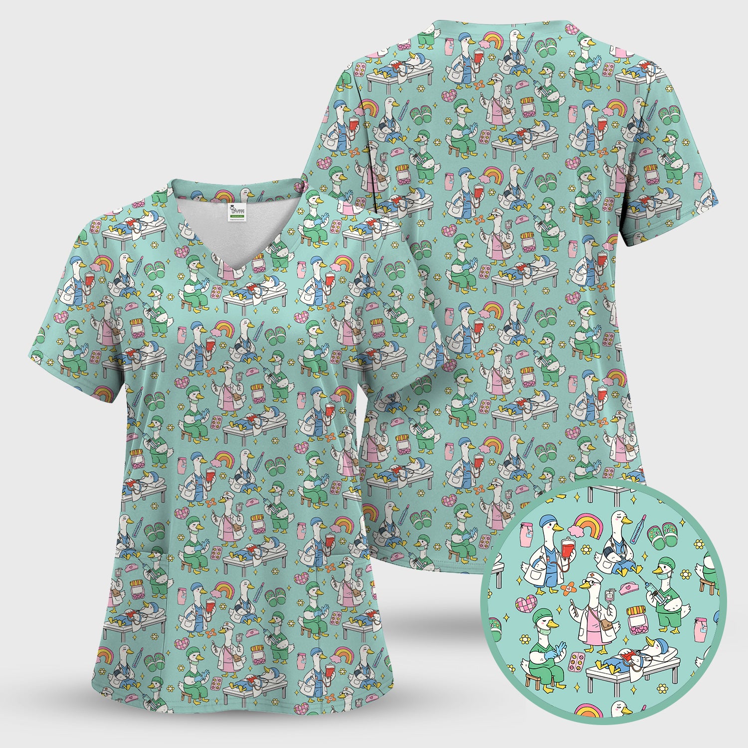Funny Nurse Duck Medical Doodle Pattern Scrub Top, Comfortable Nurse Workwear Top