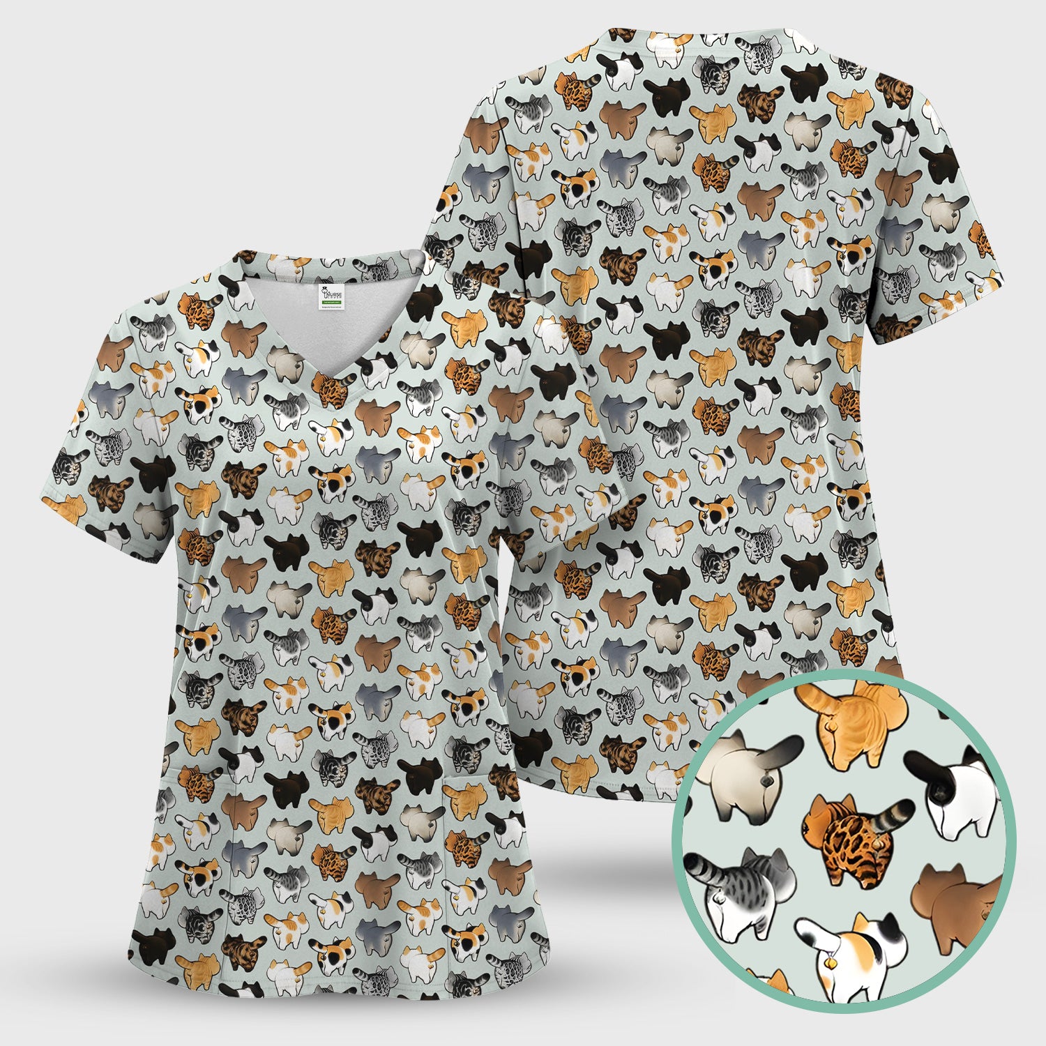 Cat Butt Pattern Medical Scrub Top, Breathable Fabrics Nursing Uniform