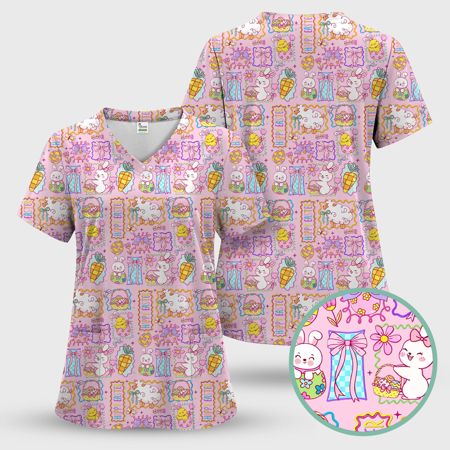 Cute Easter Bunny Egg and Bow Print Scrub Top, Breathable Fabrics Nursing Uniform