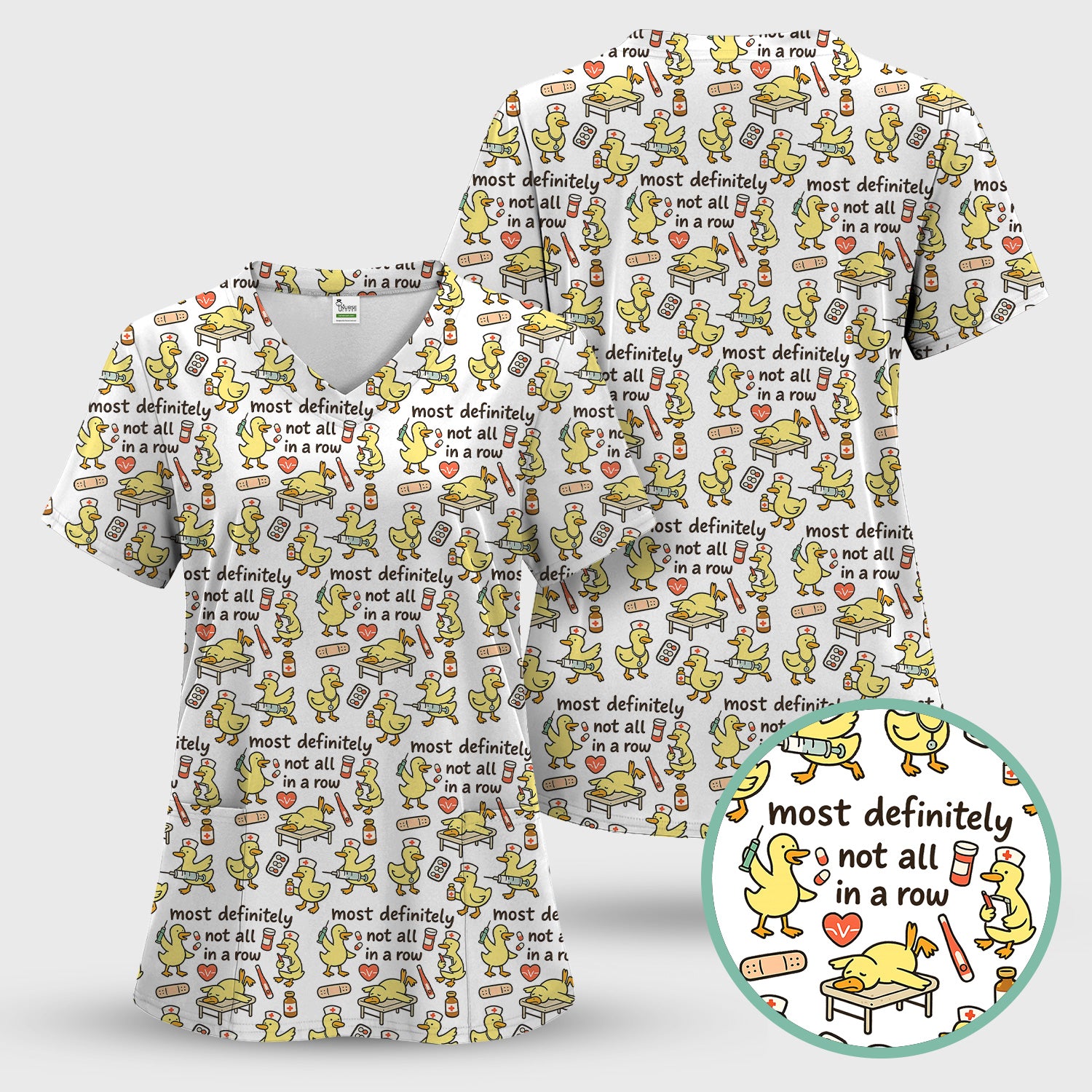 Funny Nurse Duck Medical Humor Pattern Scrub Set, Scrub Pants and V Neck Top